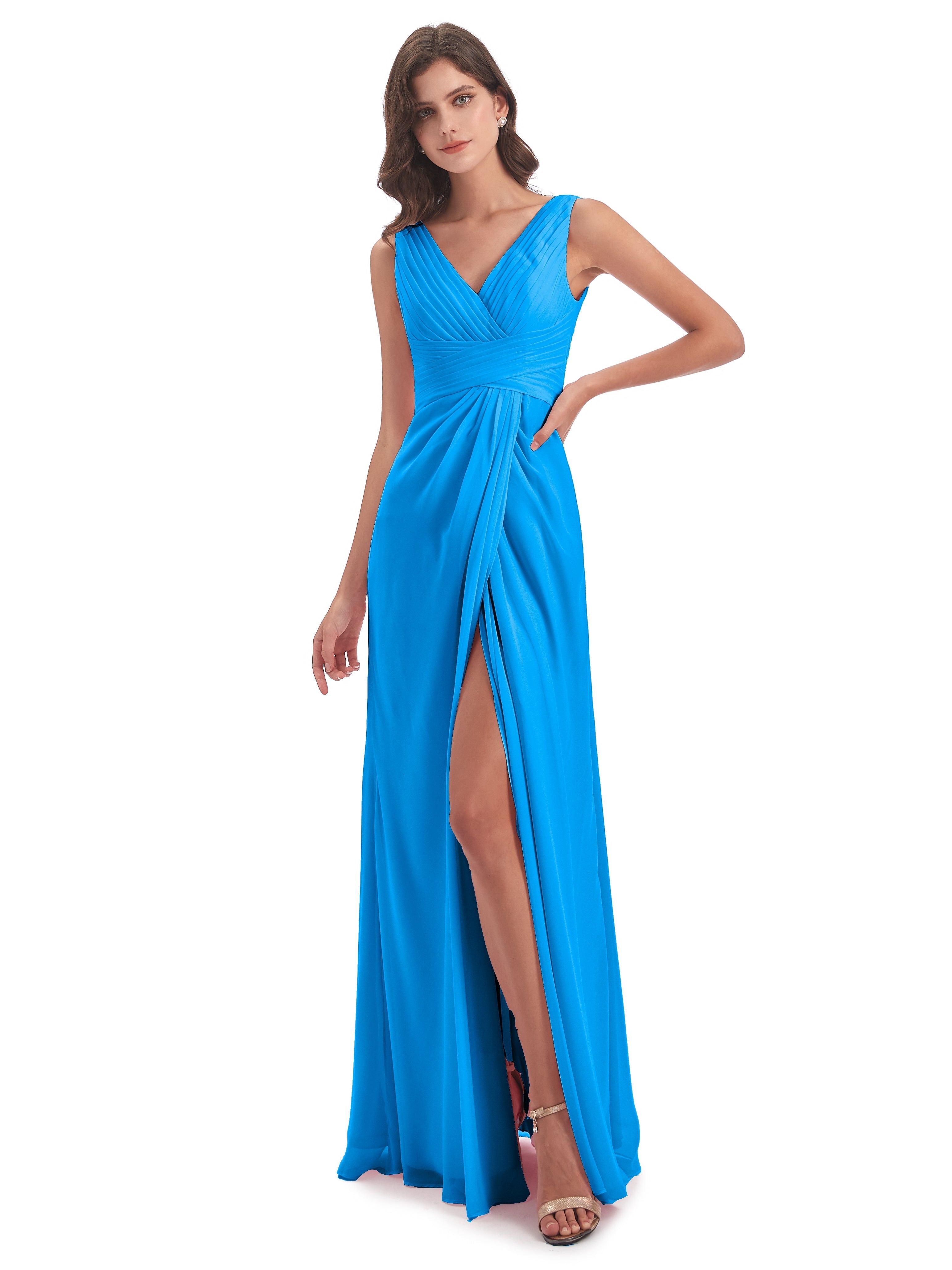 Robes De Demoiselle D'Honneur Bleu Océan Fendue Devant Mousseline Longue Robes Demoiselle D'Honneur