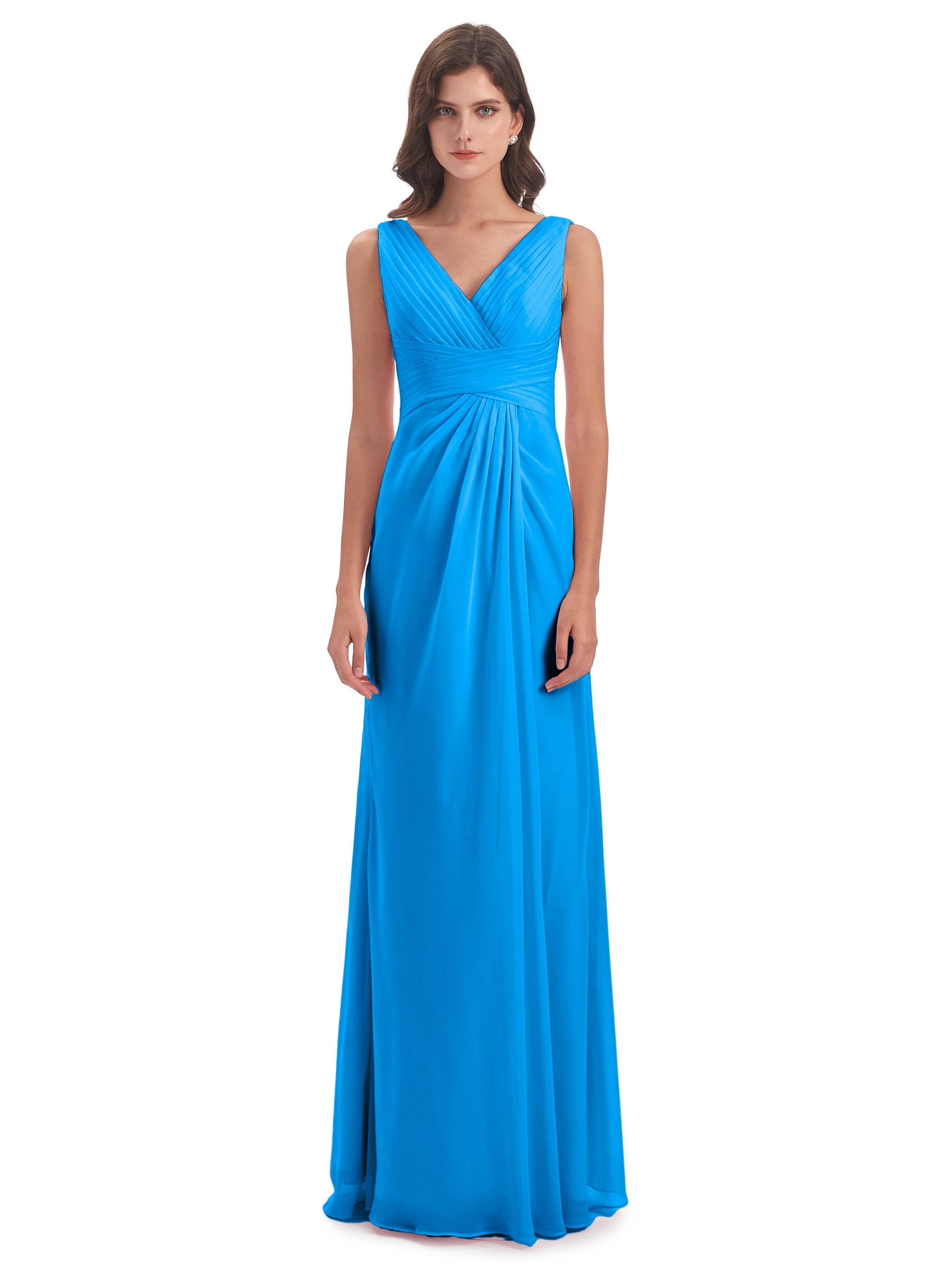Robes De Demoiselle D'Honneur Bleu Océan Fendue Devant Mousseline Longue Robes Demoiselle D'Honneur