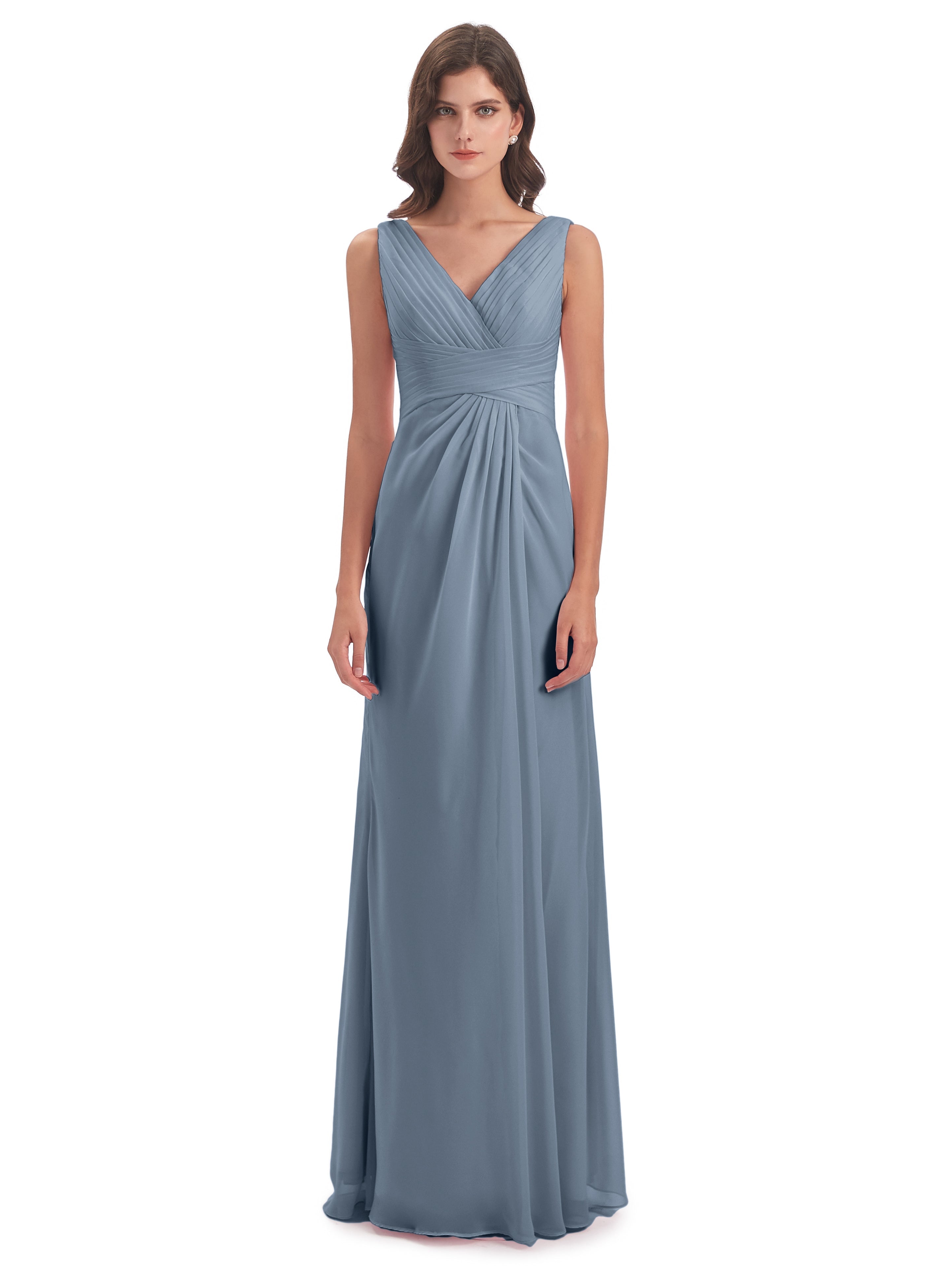 Robe Demoiselle D Honneur Bleu Poussiereux Fendue Devant Mousseline Longue Robes Demoiselle D'Honneur