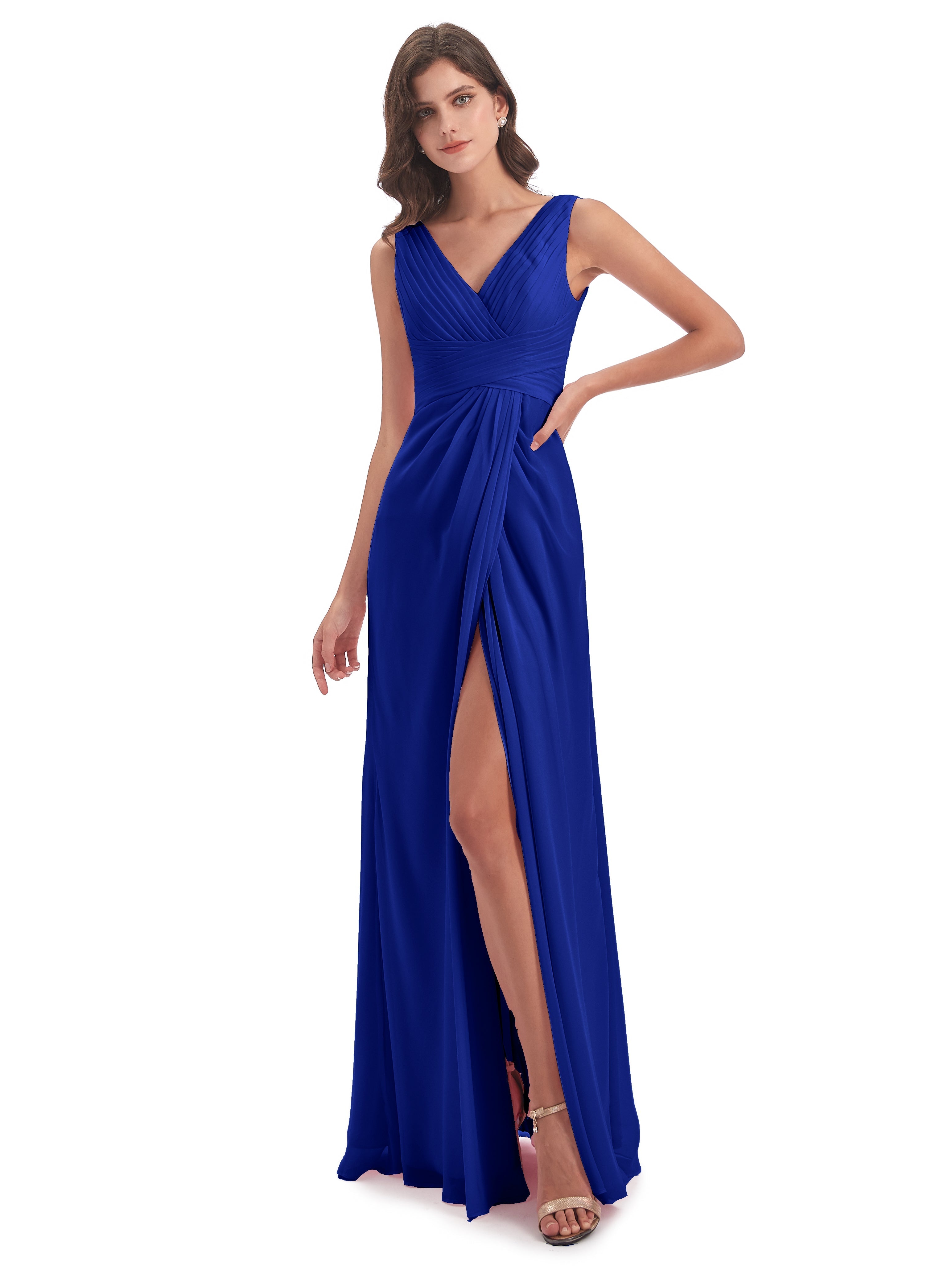 Robes De Demoiselle D'Honneur Bleu Royal Longues Fendue Devant Mousseline Longue Robes Demoiselle D'Honneur