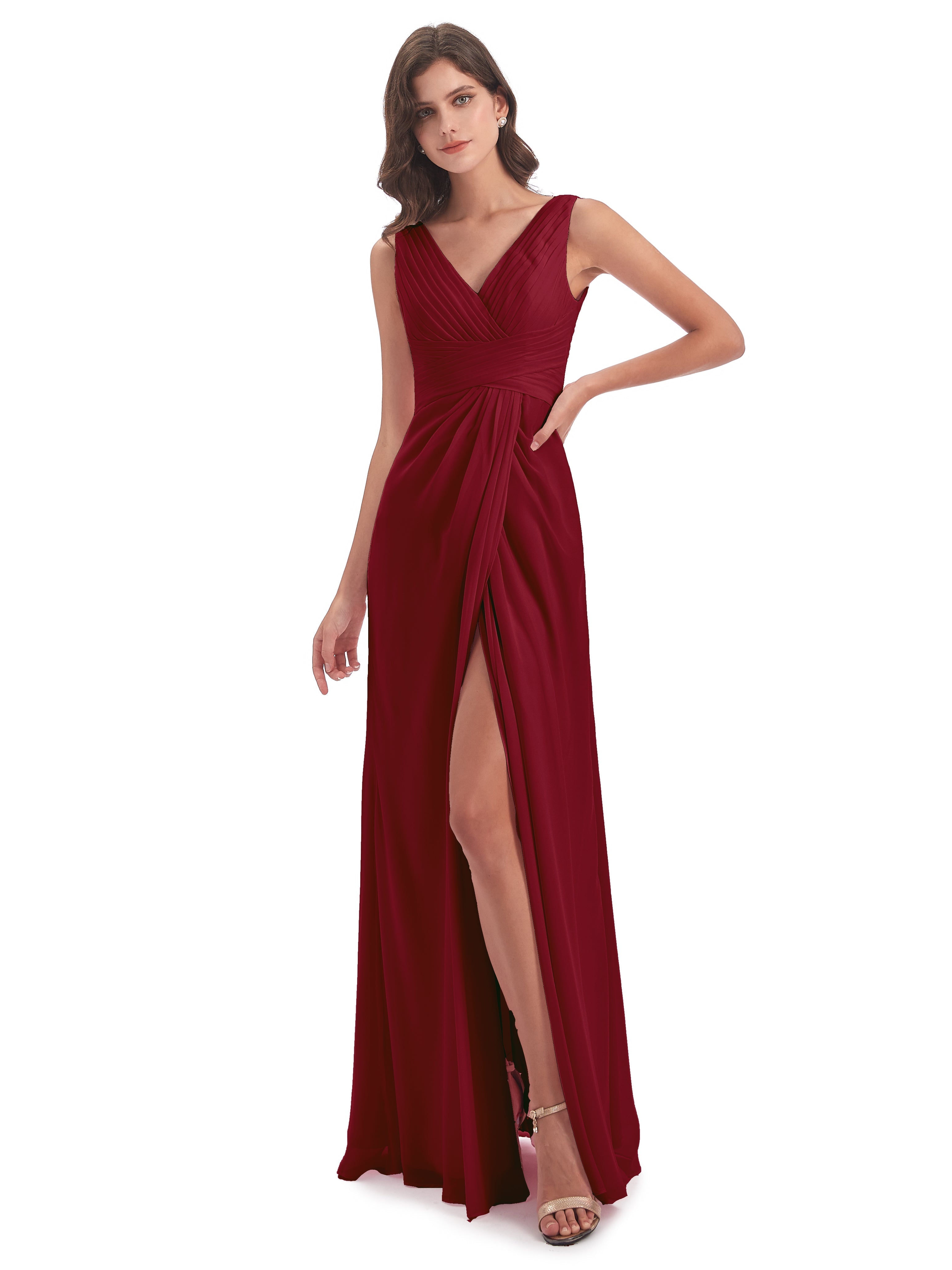 Robes De Demoiselle D'Honneur Couleur Bordeaux Fendue Devant Mousseline Longue Robes Demoiselle D'Honneur