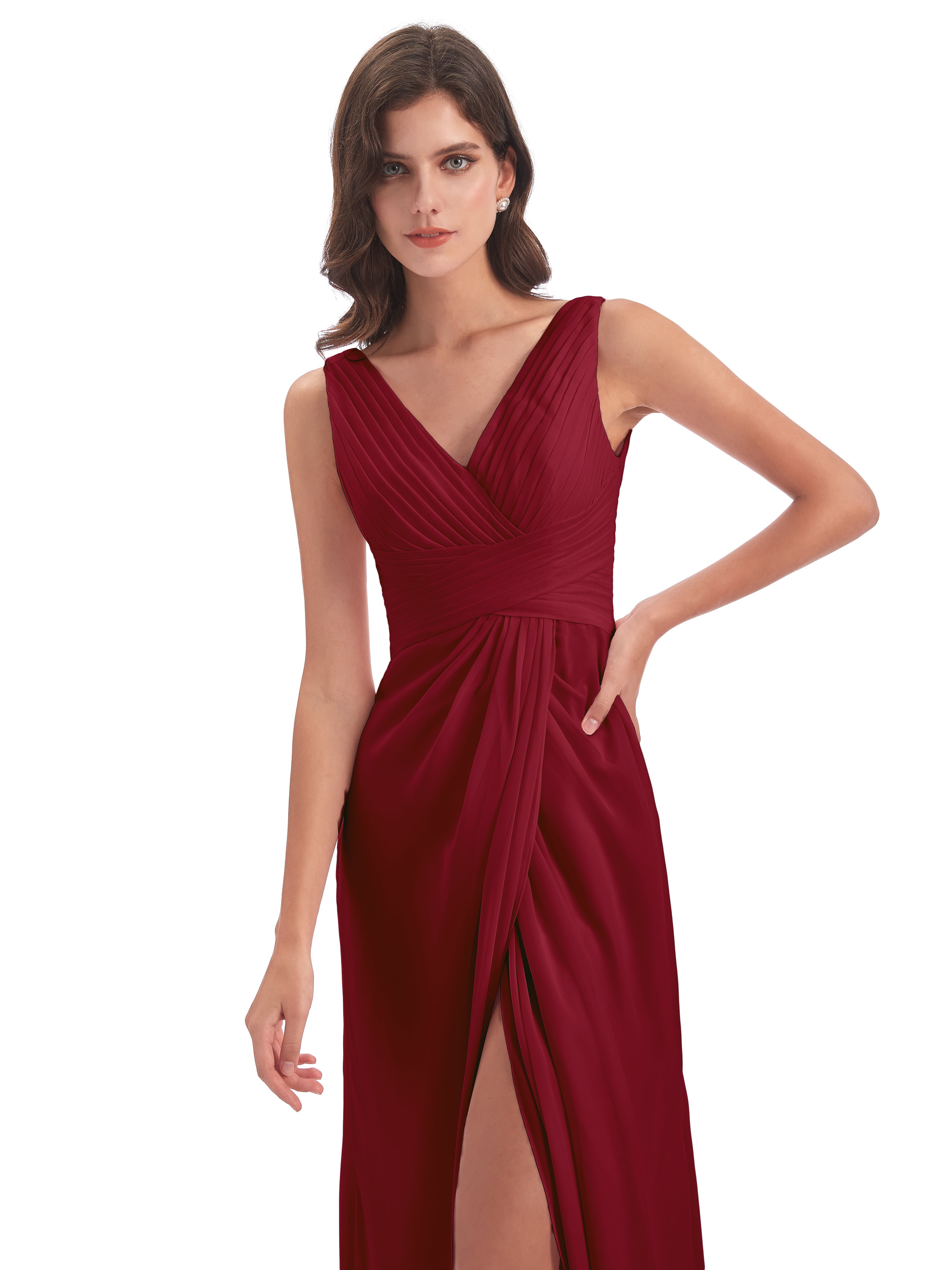 Robes De Demoiselle D'Honneur Couleur Bordeaux Fendue Devant Mousseline Longue Robes Demoiselle D'Honneur