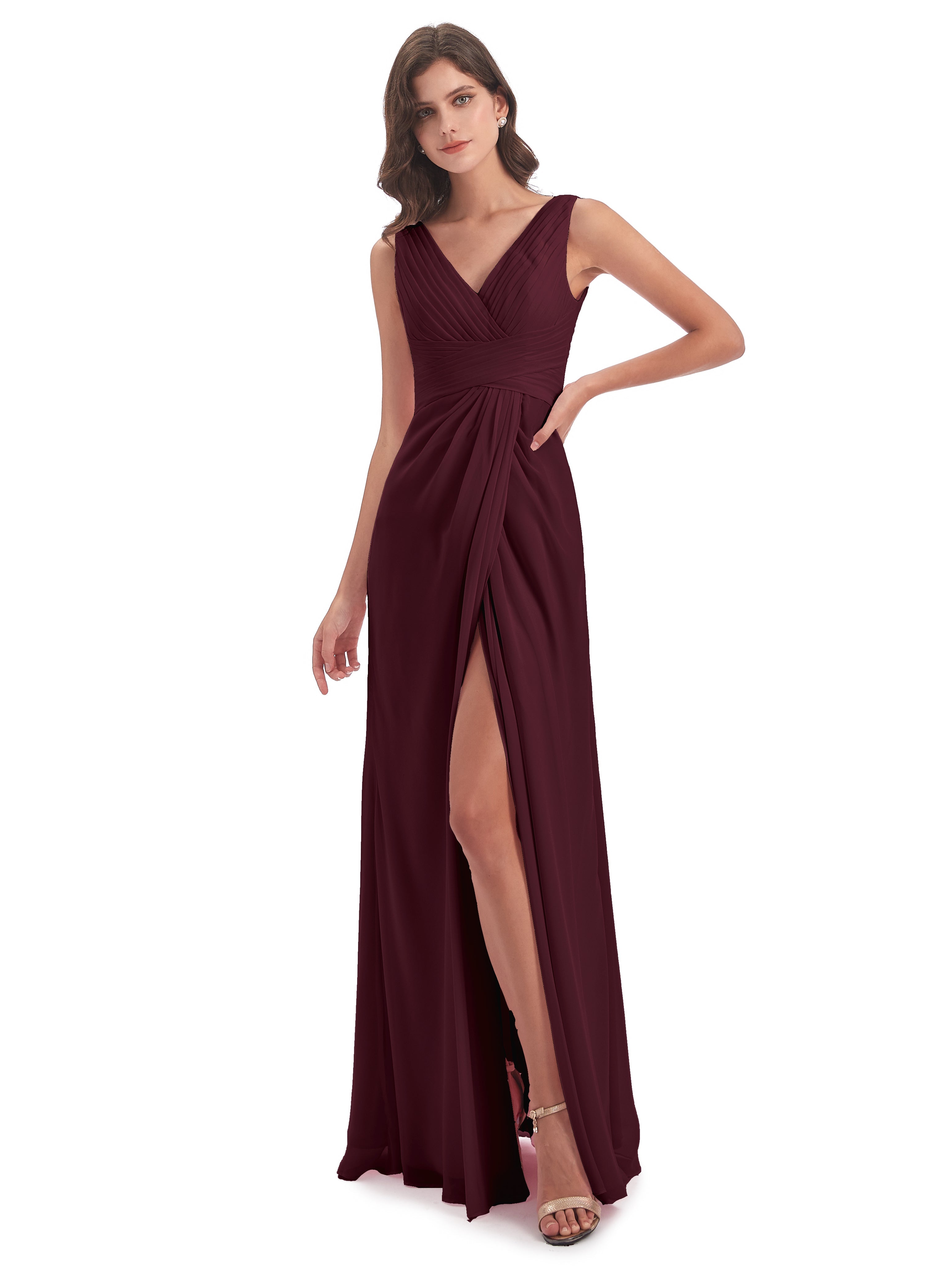 Robes De Demoiselle D'Honneur Cabernet Fendue Devant Mousseline Longue Robes Demoiselle D'Honneur