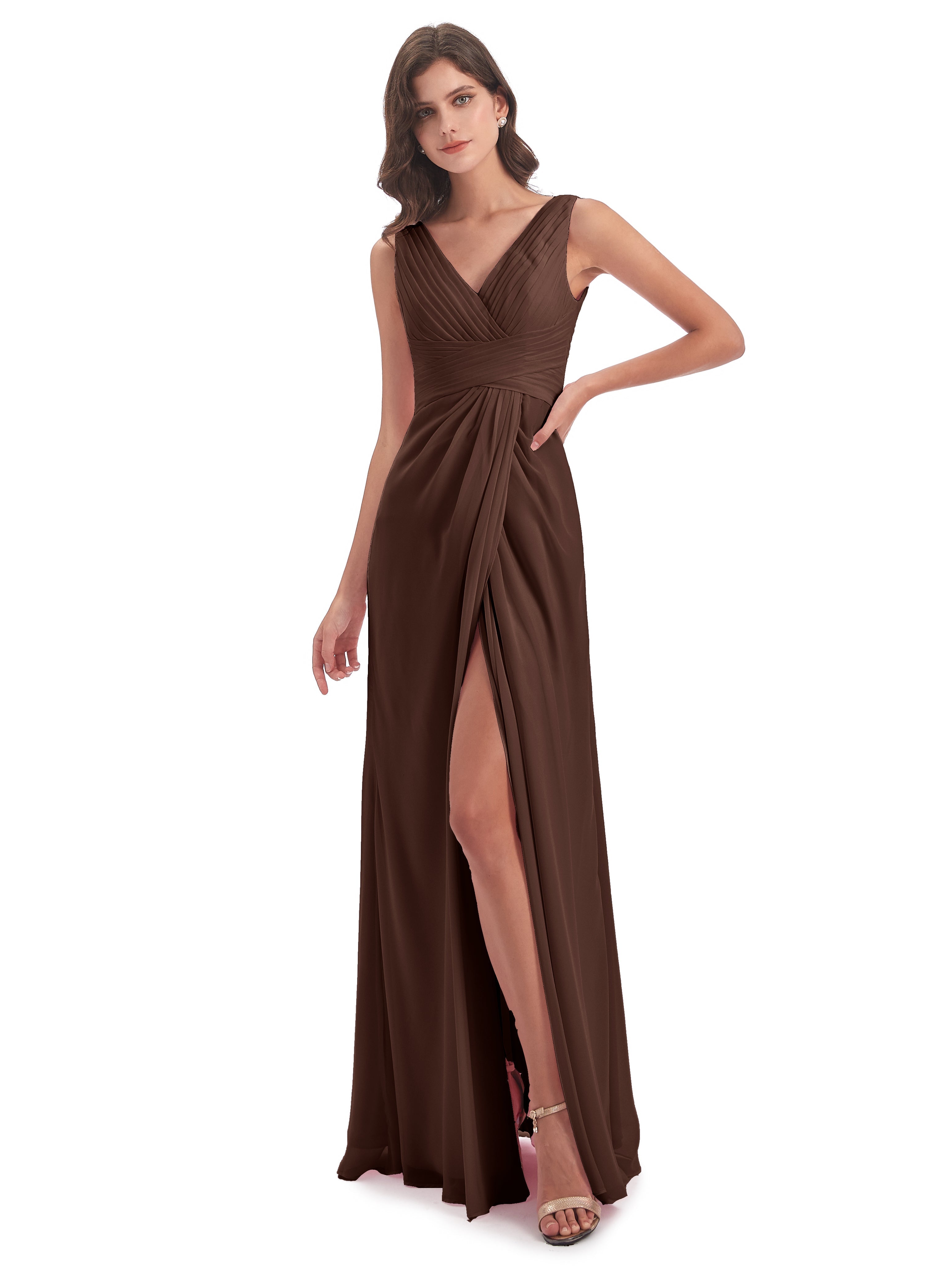 Robe Chocolat Demoiselle D Honneur Fendue Devant Mousseline Longue Robes Demoiselle D'Honneur