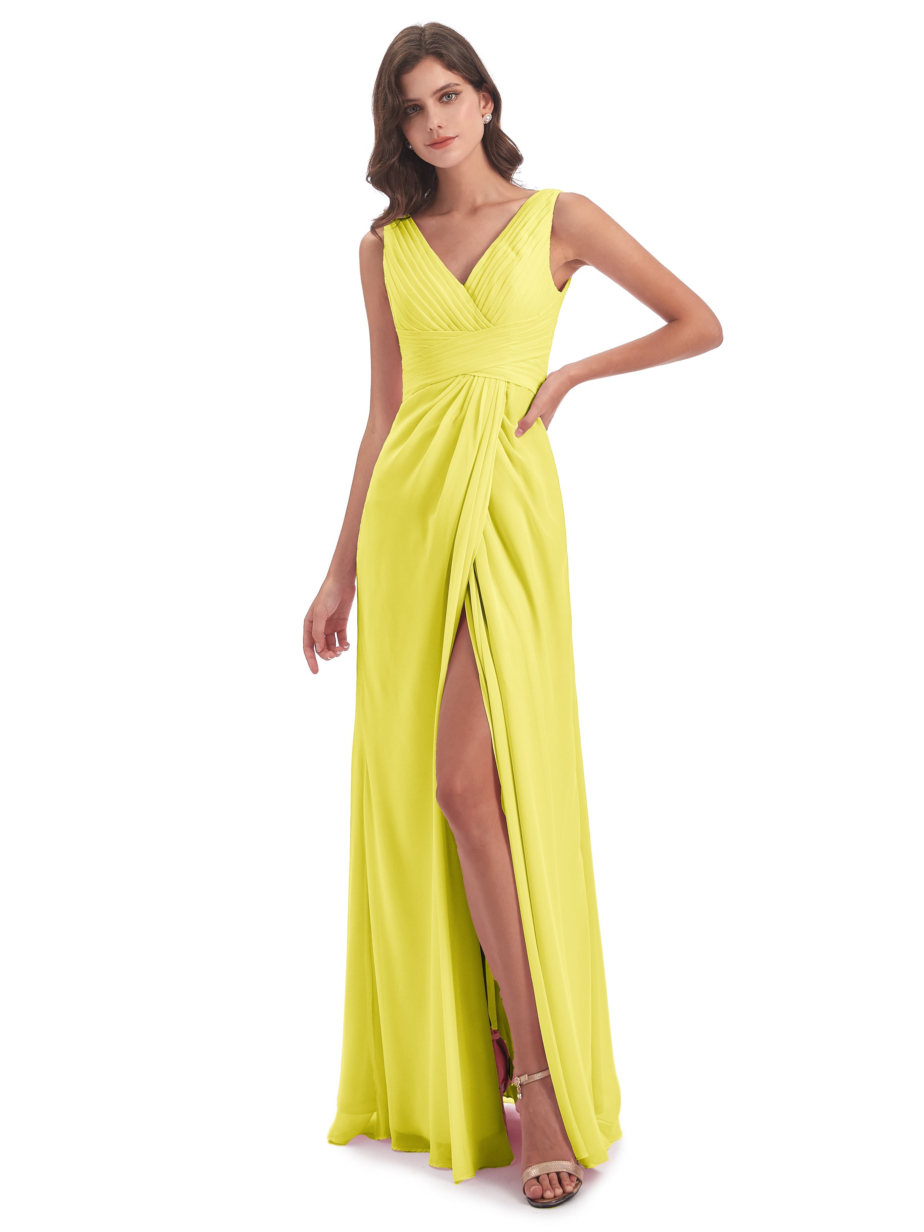 Robes De Demoiselle D'Honneur Citron Fendue Devant Mousseline Longue Robes Demoiselle D'Honneur