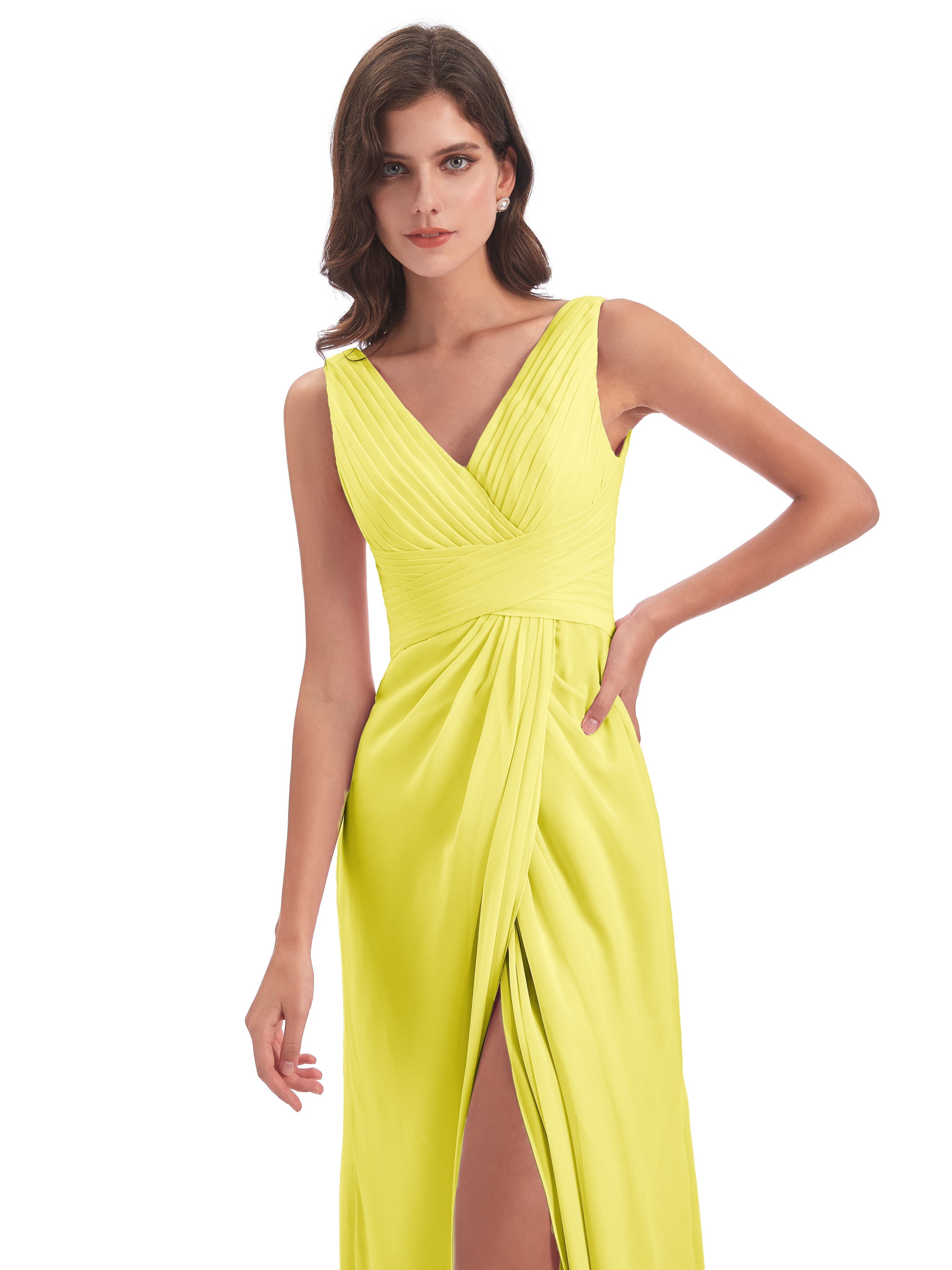Robes De Demoiselle D'Honneur Citron Fendue Devant Mousseline Longue Robes Demoiselle D'Honneur