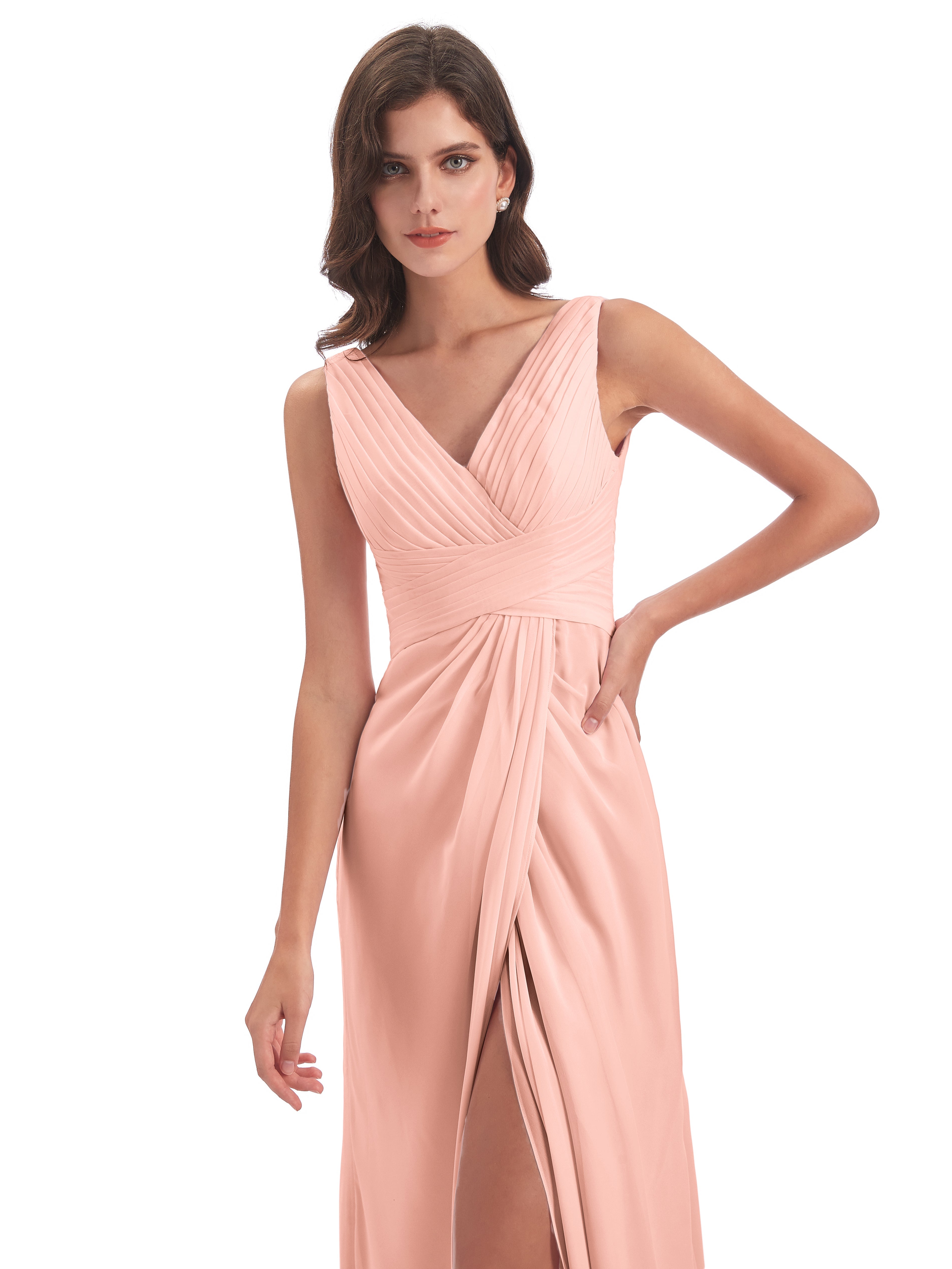 Robes De Demoiselle D'Honneur Couleur Corail Fendue Devant Mousseline Longue Robes Demoiselle D'Honneur
