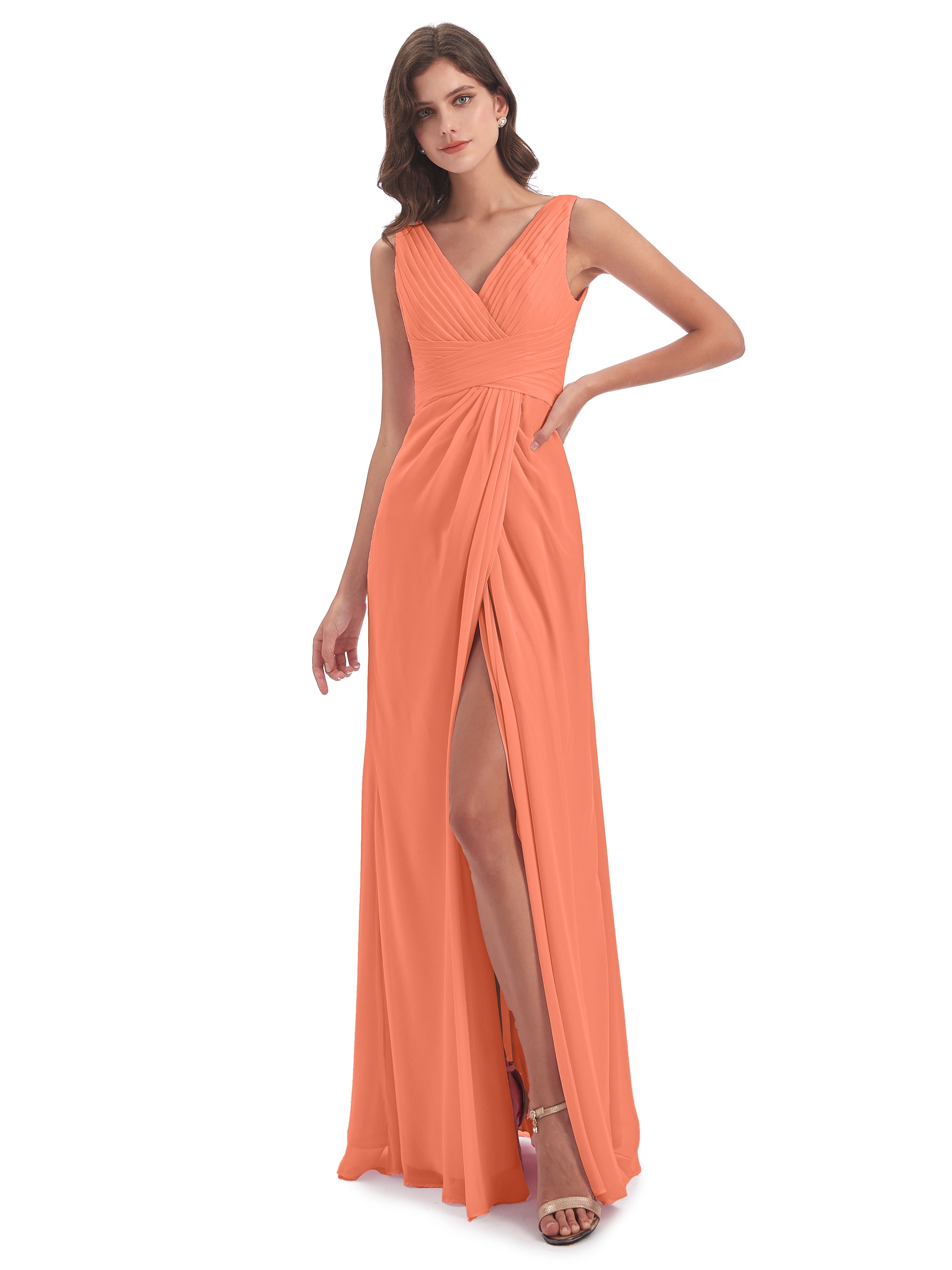 Robes De Demoiselle D'Honneur Coucher De Soleil Fendue Devant Mousseline Longue Robes Demoiselle D'Honneur