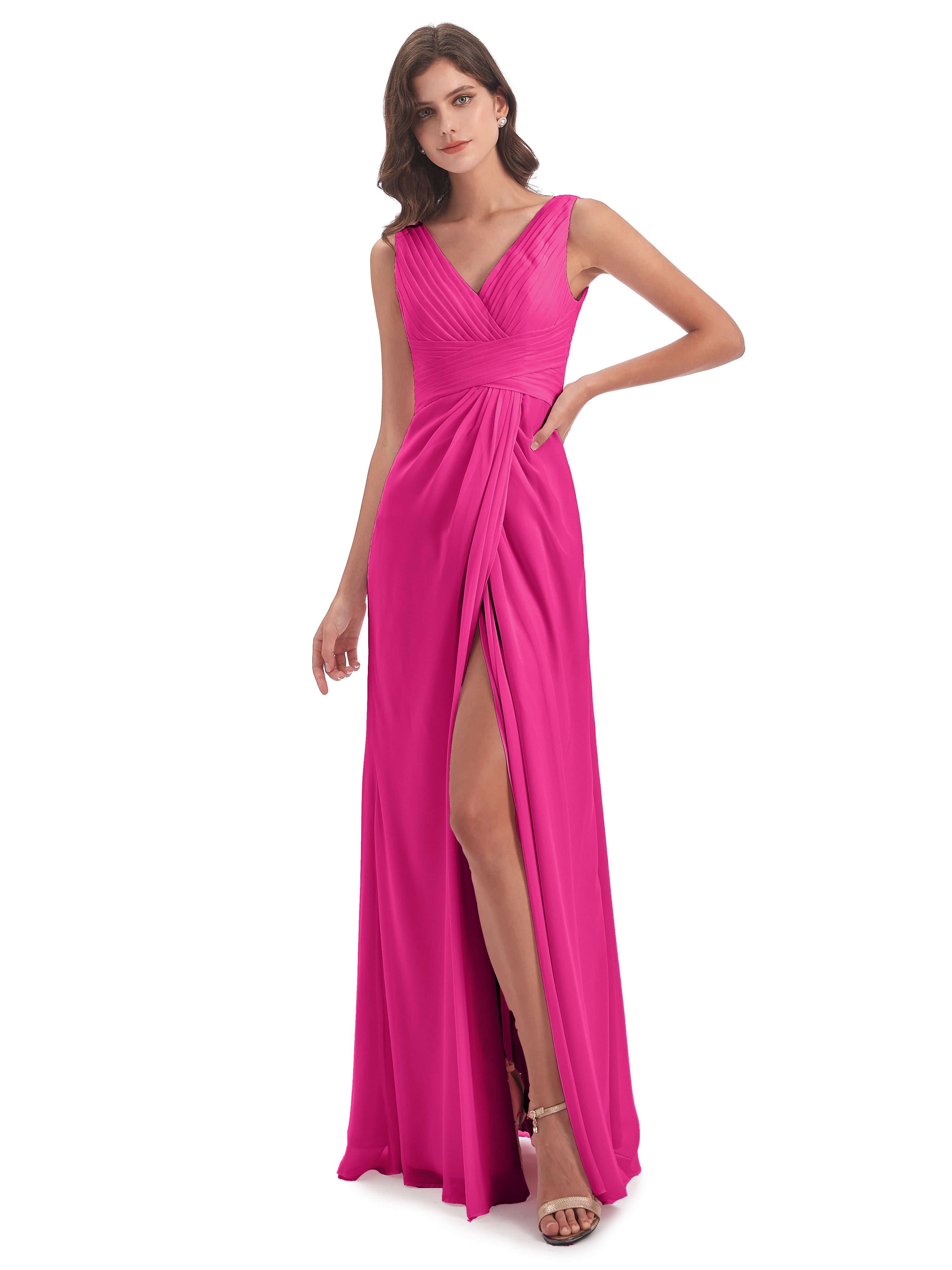 Robes De Demoiselle D'Honneur Couleur Fuchsia Rose Fendue Devant Mousseline Longue Robes Demoiselle D'Honneur