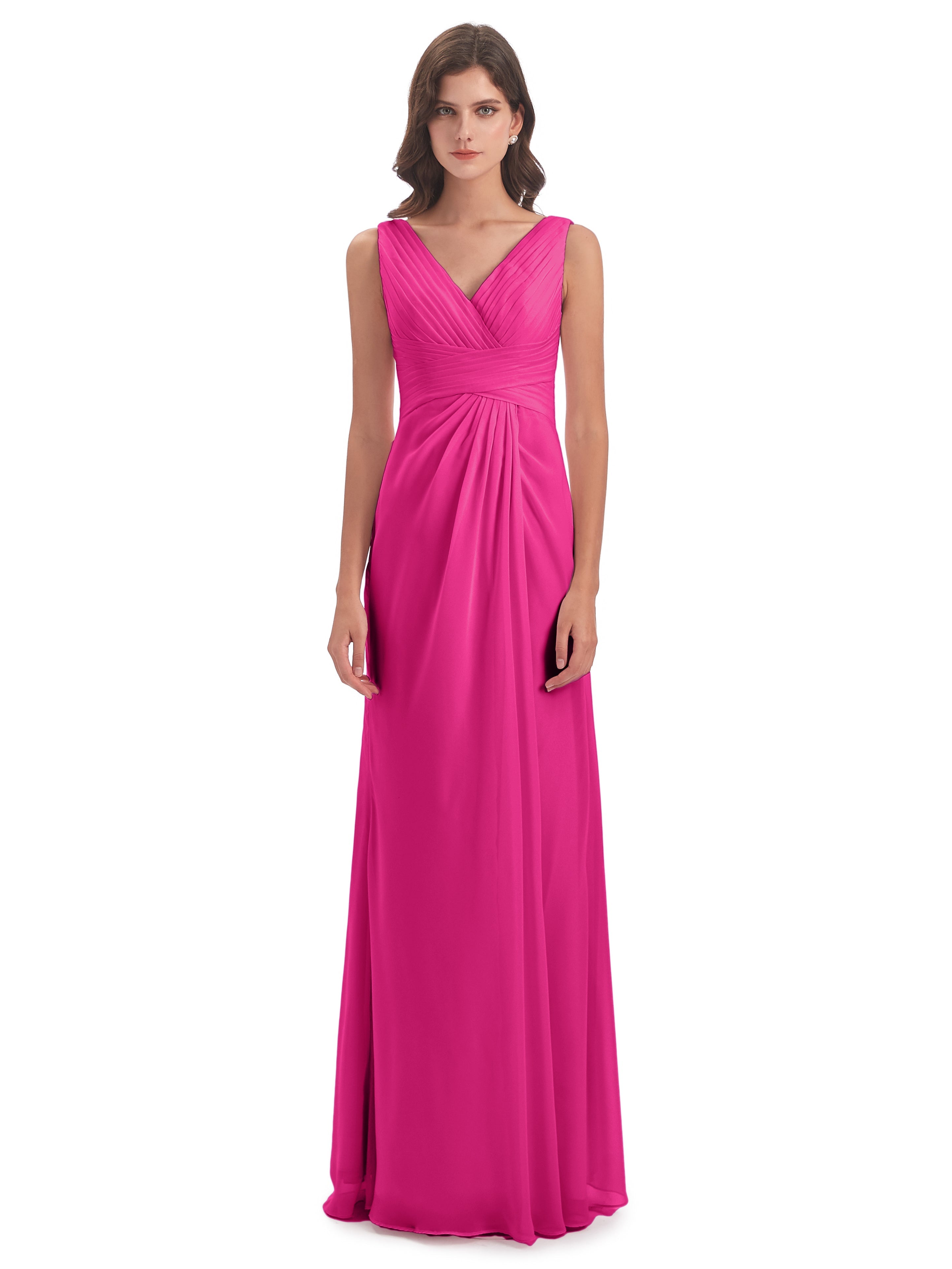 Robes De Demoiselle D'Honneur Couleur Fuchsia Rose Fendue Devant Mousseline Longue Robes Demoiselle D'Honneur