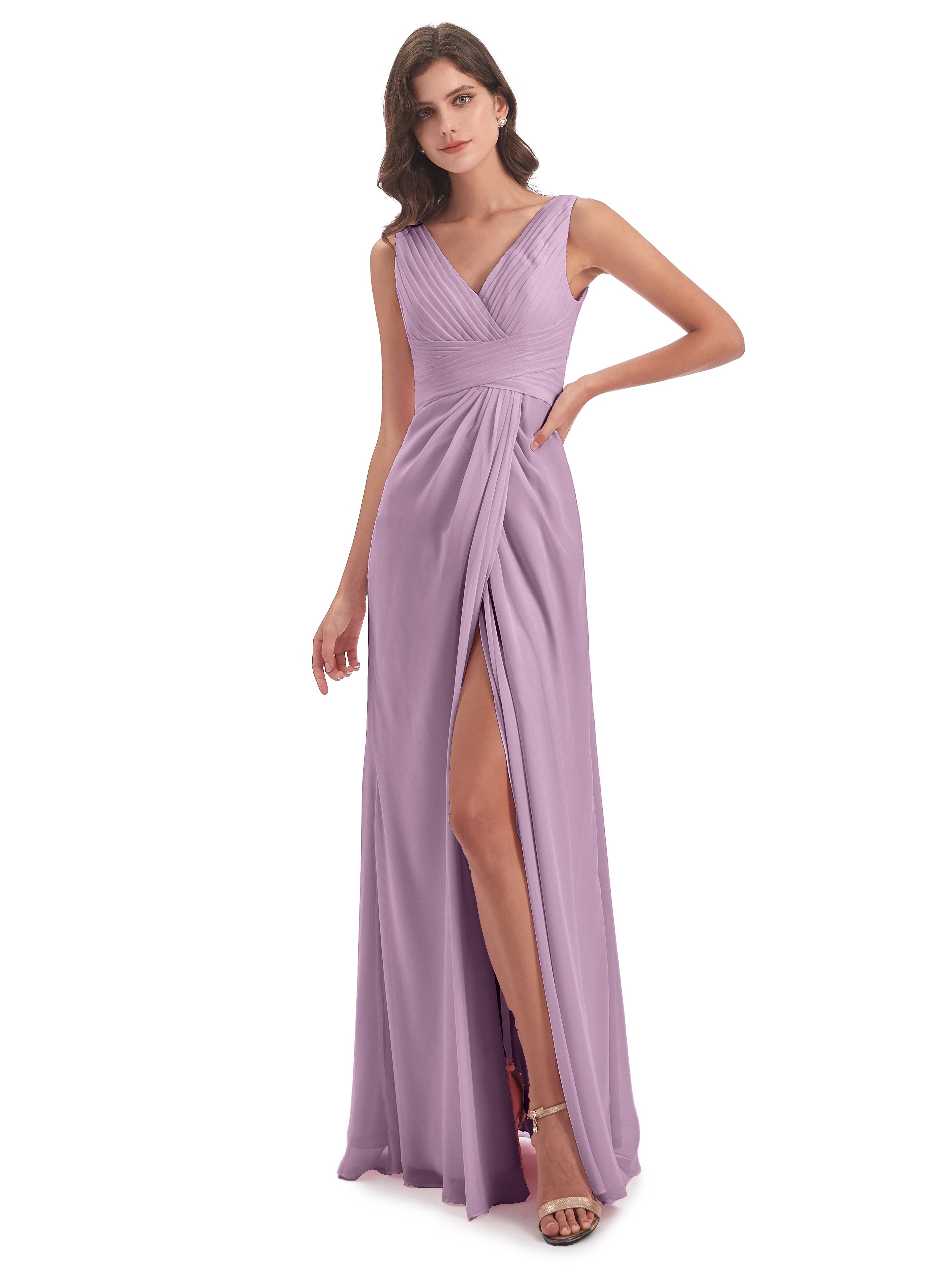 Robes De Demoiselle D'Honneur Glycine Fendue Devant Mousseline Longue Robes Demoiselle D'Honneur