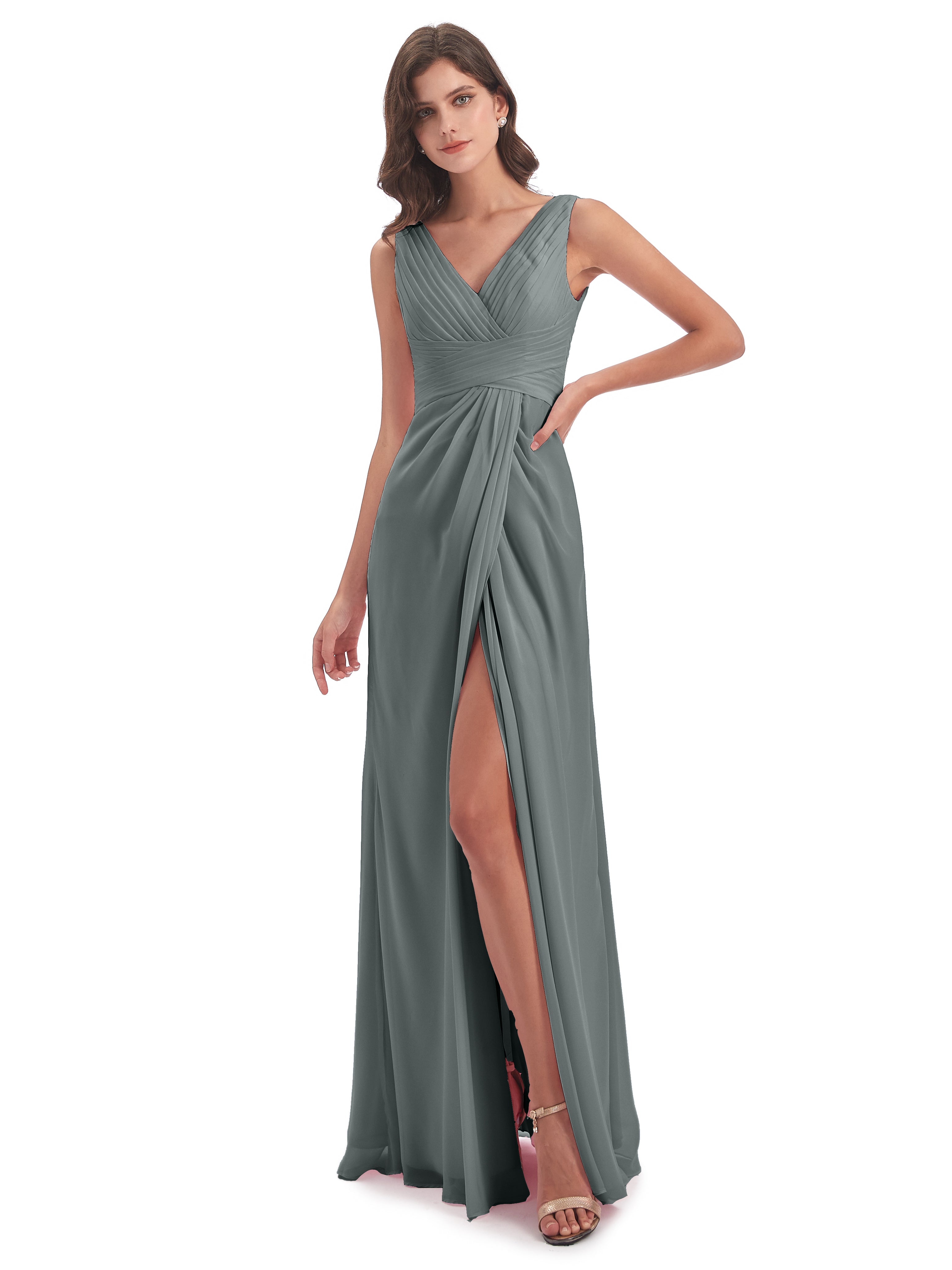Robe Demoiselle D Honneur Gris Argenté Fendue Devant Mousseline Longue Robes Demoiselle D'Honneur