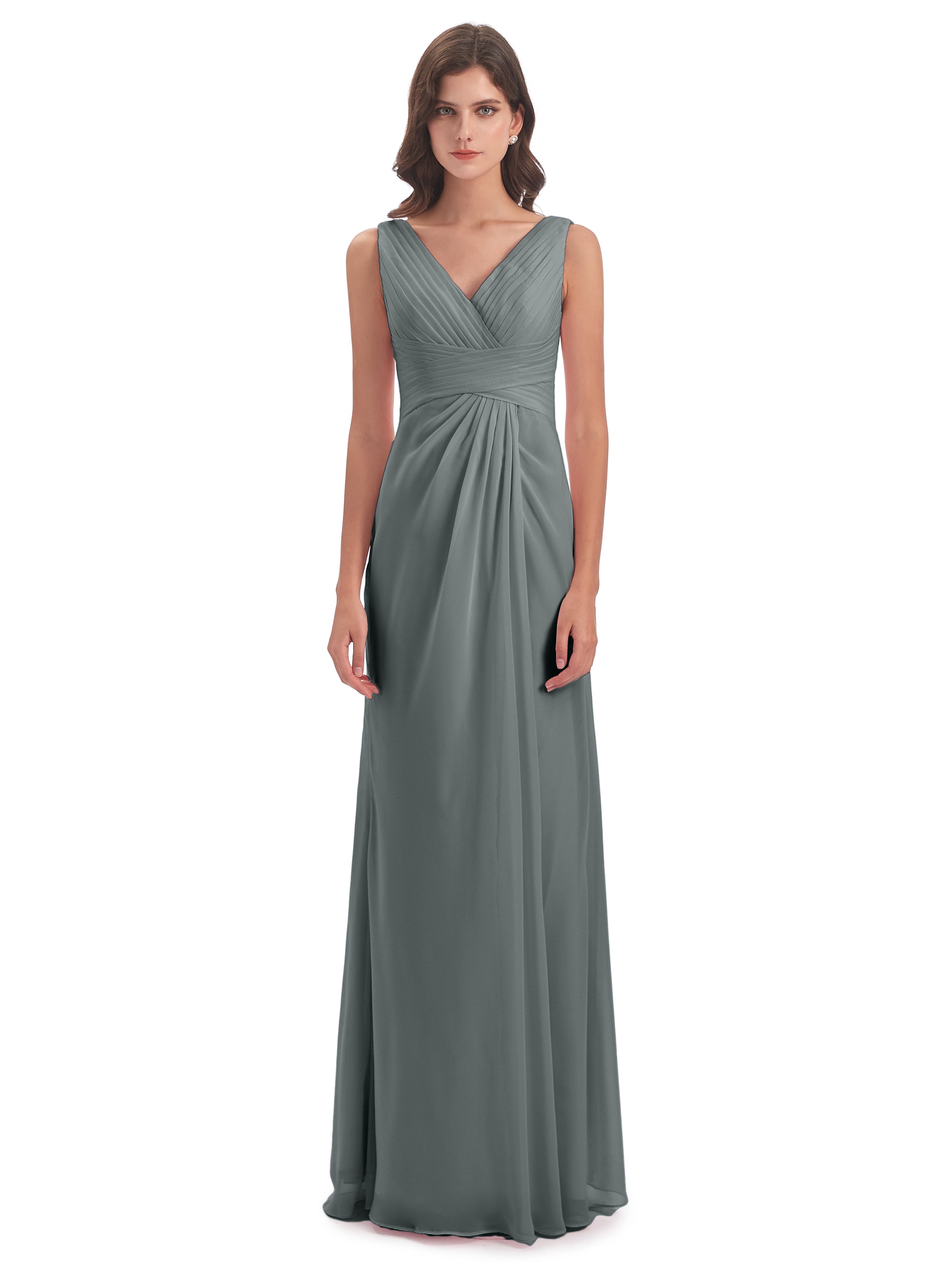 Robe Demoiselle D Honneur Gris Argenté Fendue Devant Mousseline Longue Robes Demoiselle D'Honneur