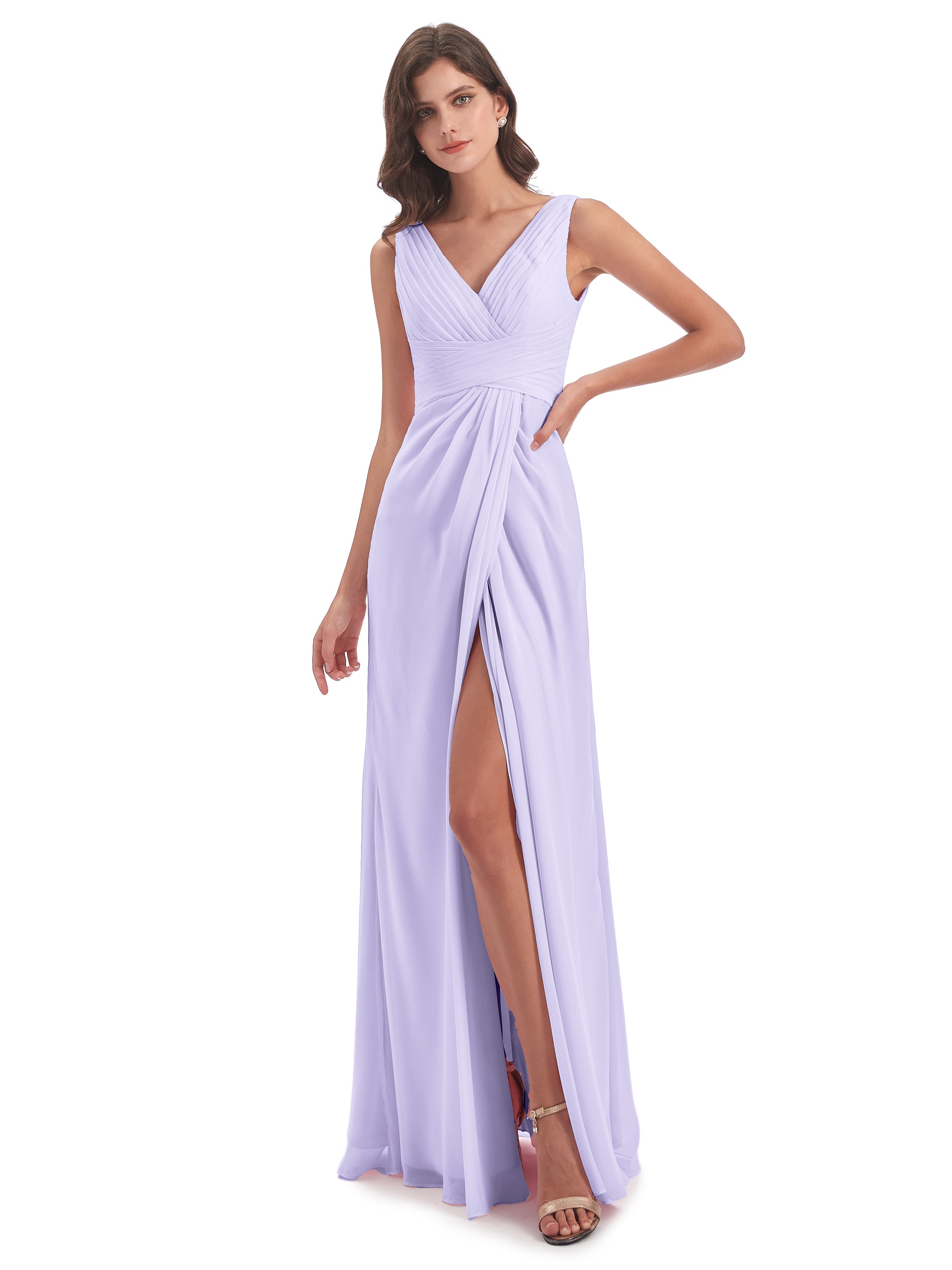 Robe Demoiselle D Honneur Couleur Lilas Fendue Devant Mousseline Longue Robes Demoiselle D'Honneur