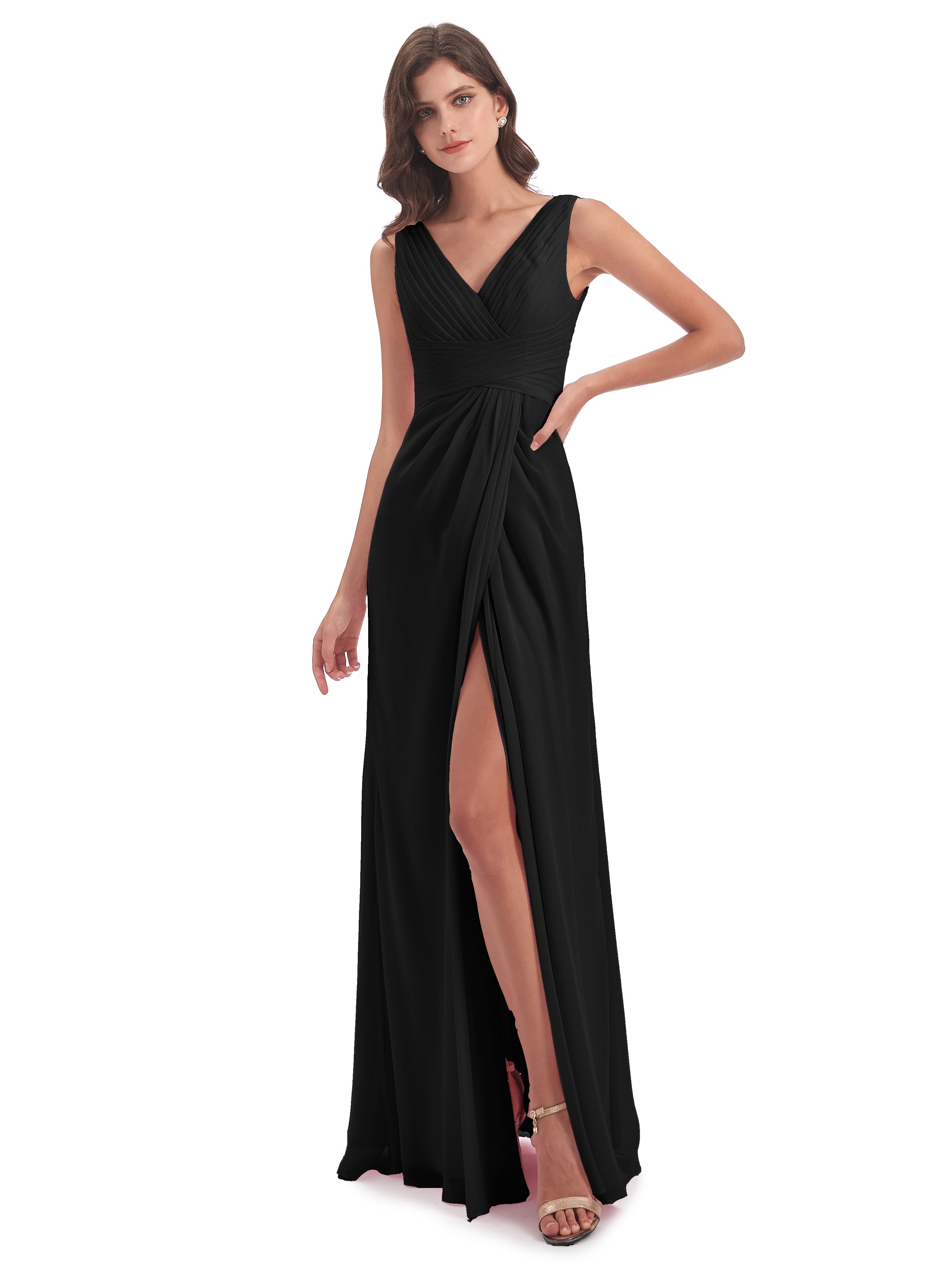 Longues Robes De Demoiselle D'Honneur Noires Fendue Devant Mousseline Longue Robes Demoiselle D'Honneur