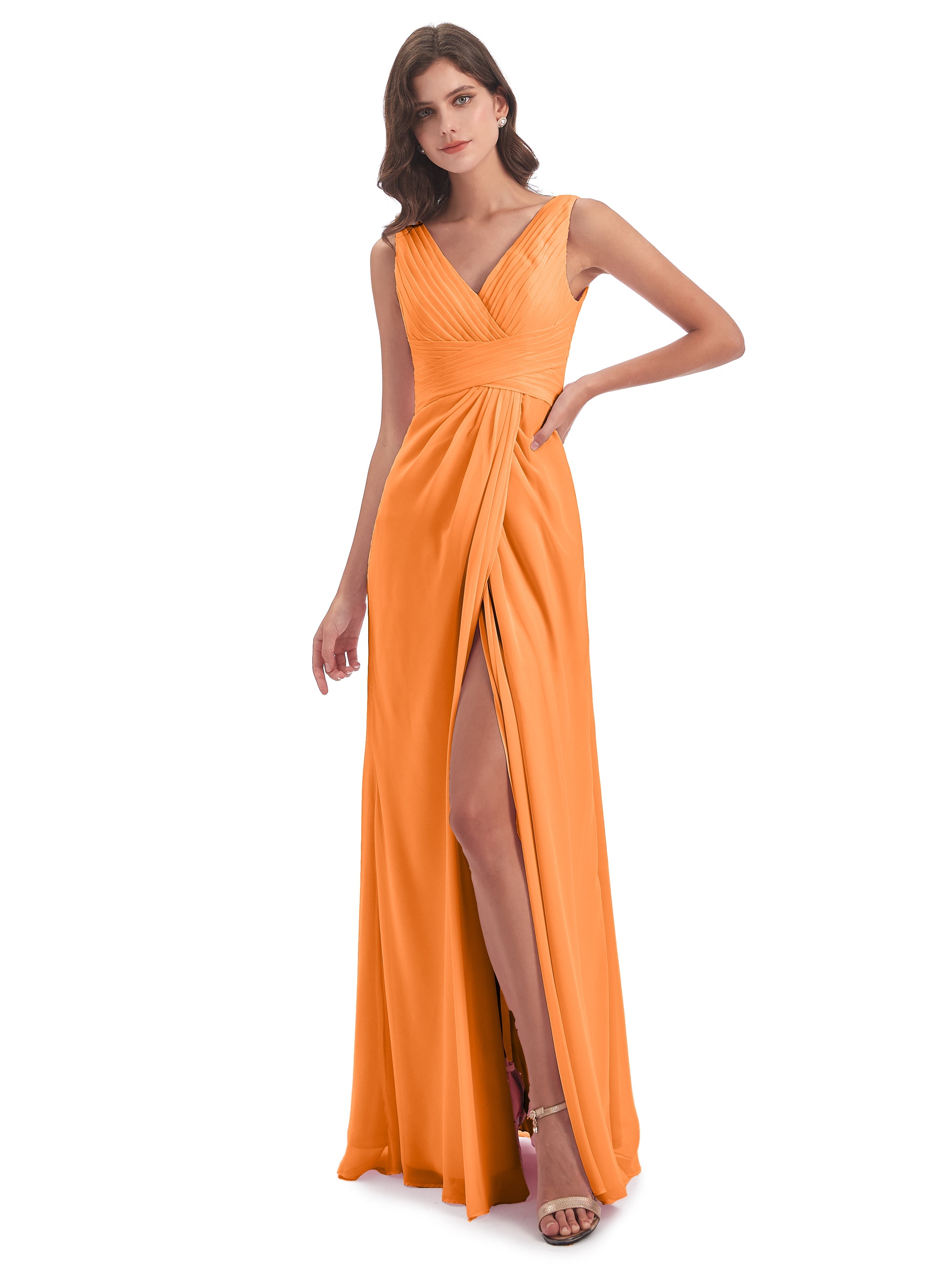 Robe Orange Demoiselle D Honneur Fendue Devant Mousseline Longue Robes Demoiselle D'Honneur