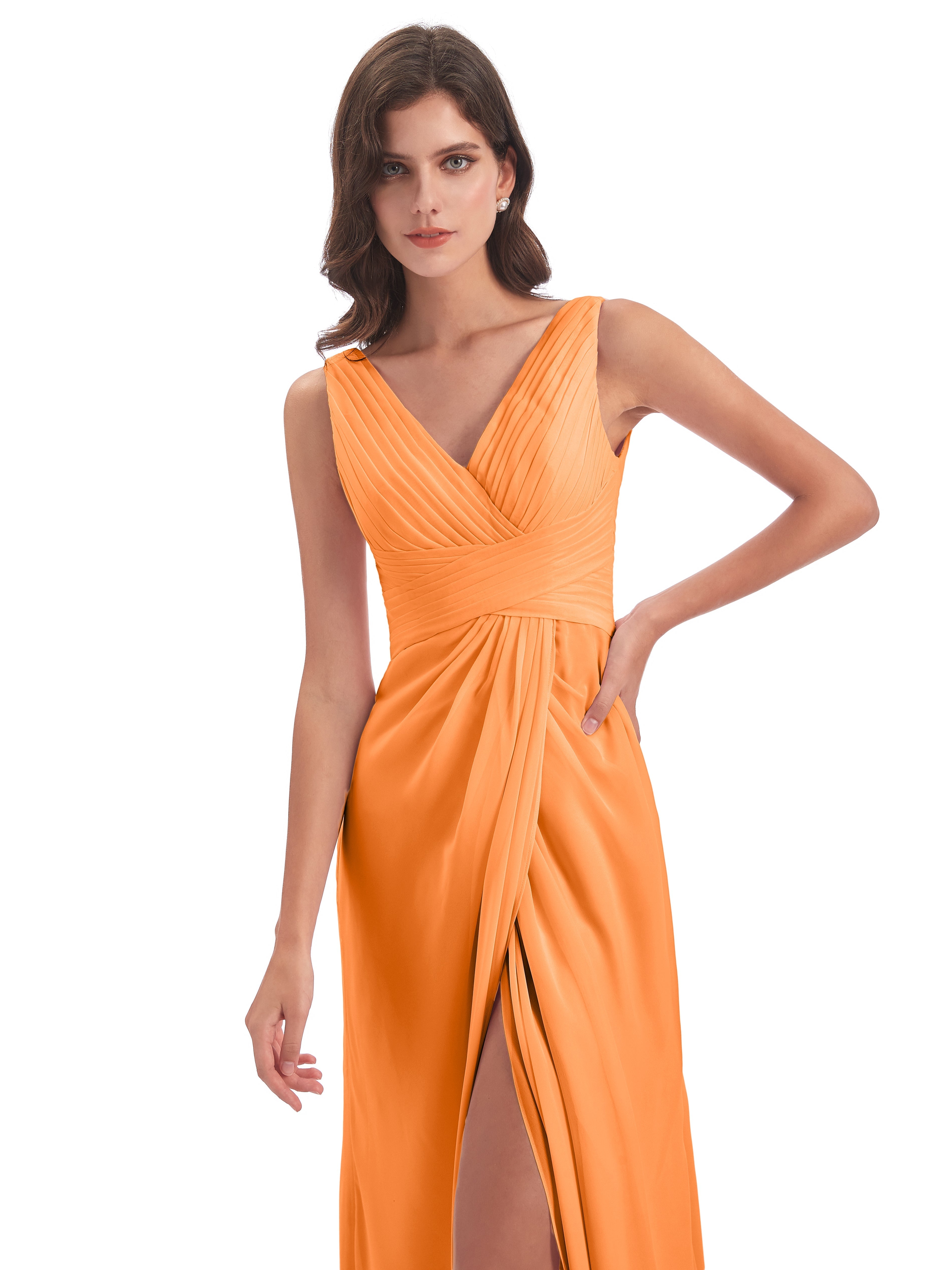 Robe Orange Demoiselle D Honneur Fendue Devant Mousseline Longue Robes Demoiselle D'Honneur