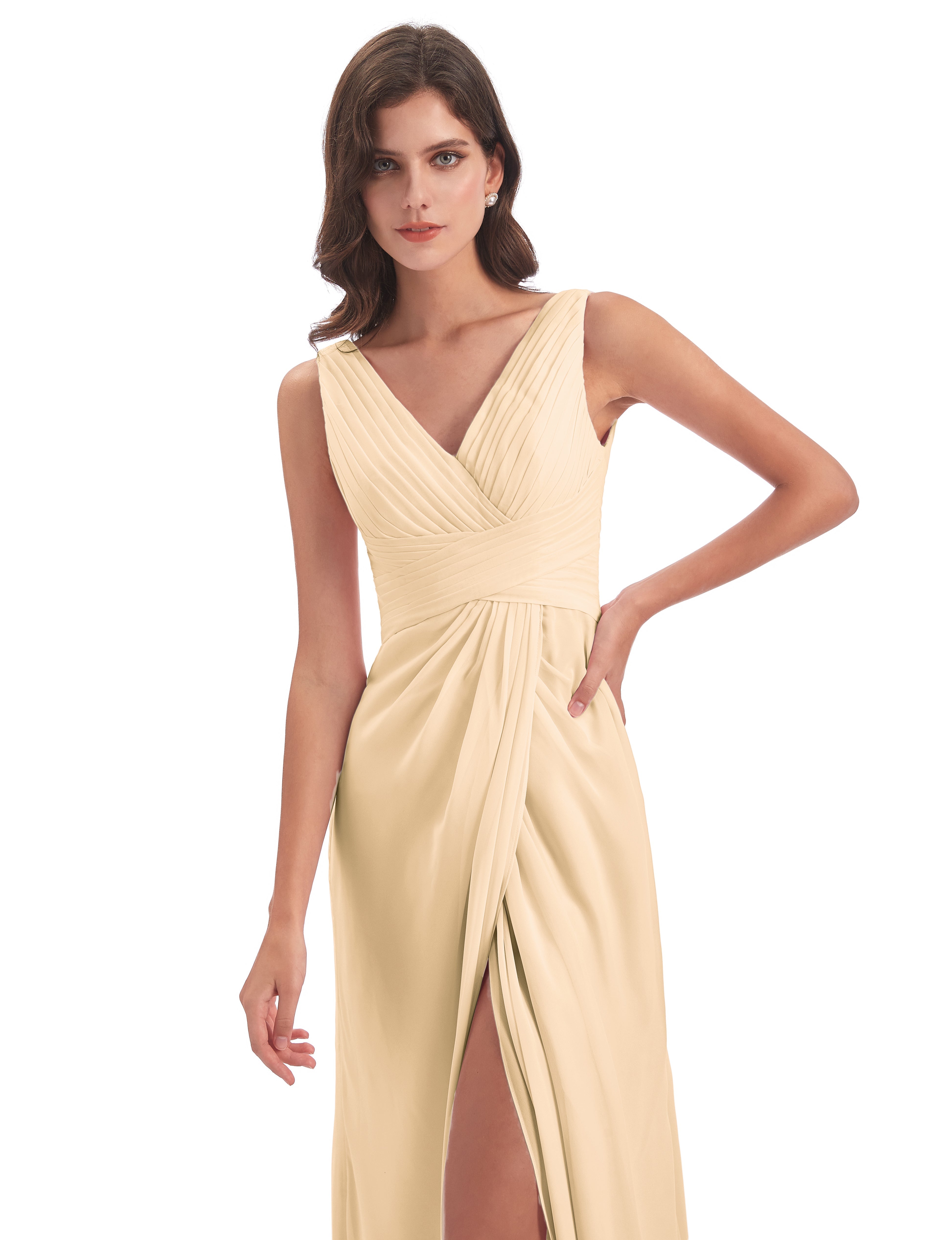 Robe Peche Demoiselle D Honneur Fendue Devant Mousseline Longue Robes Demoiselle D'Honneur