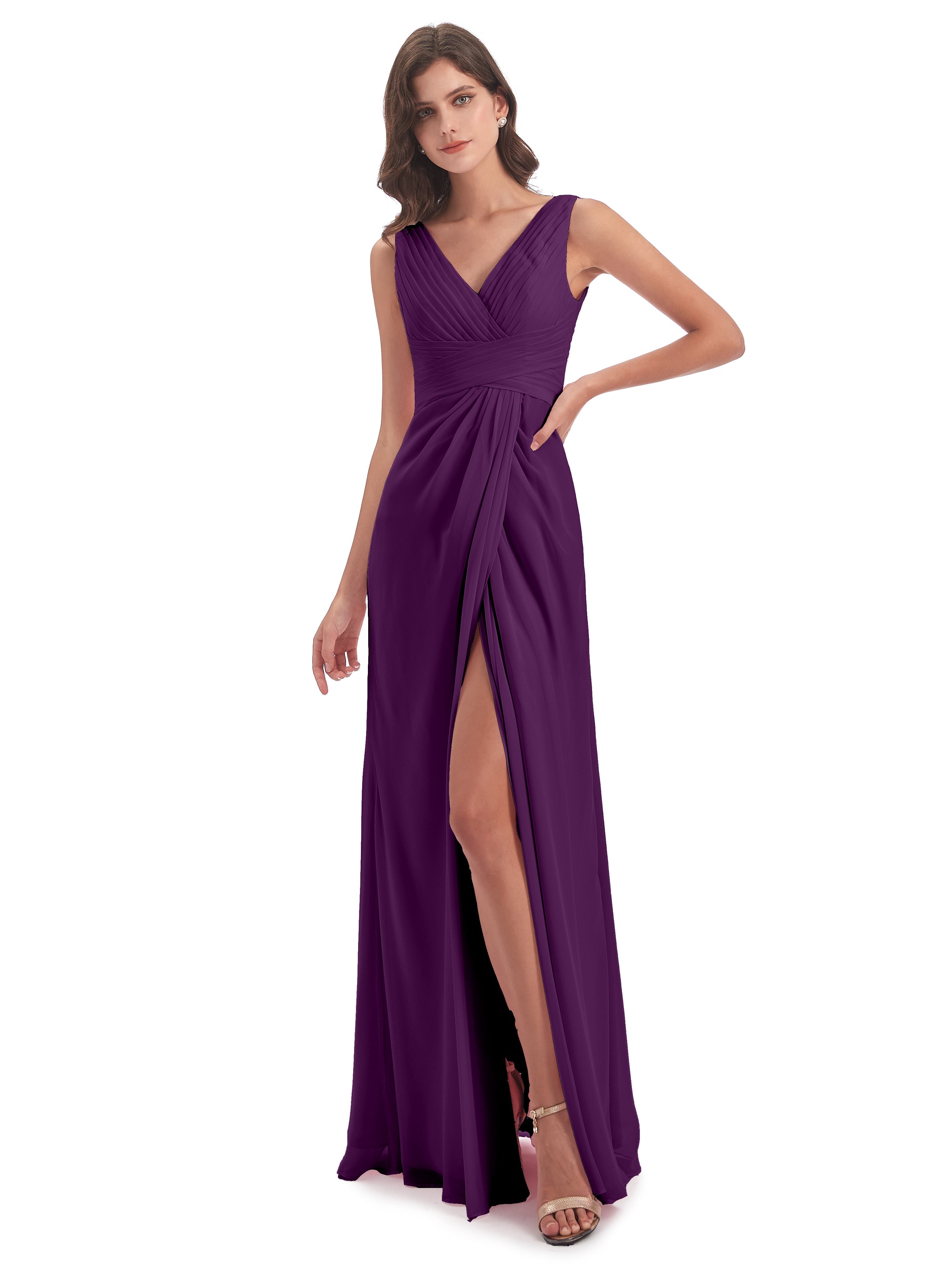 Robes De Demoiselle D'Honneur En Raisin Fendue Devant Mousseline Longue Robes Demoiselle D'Honneur