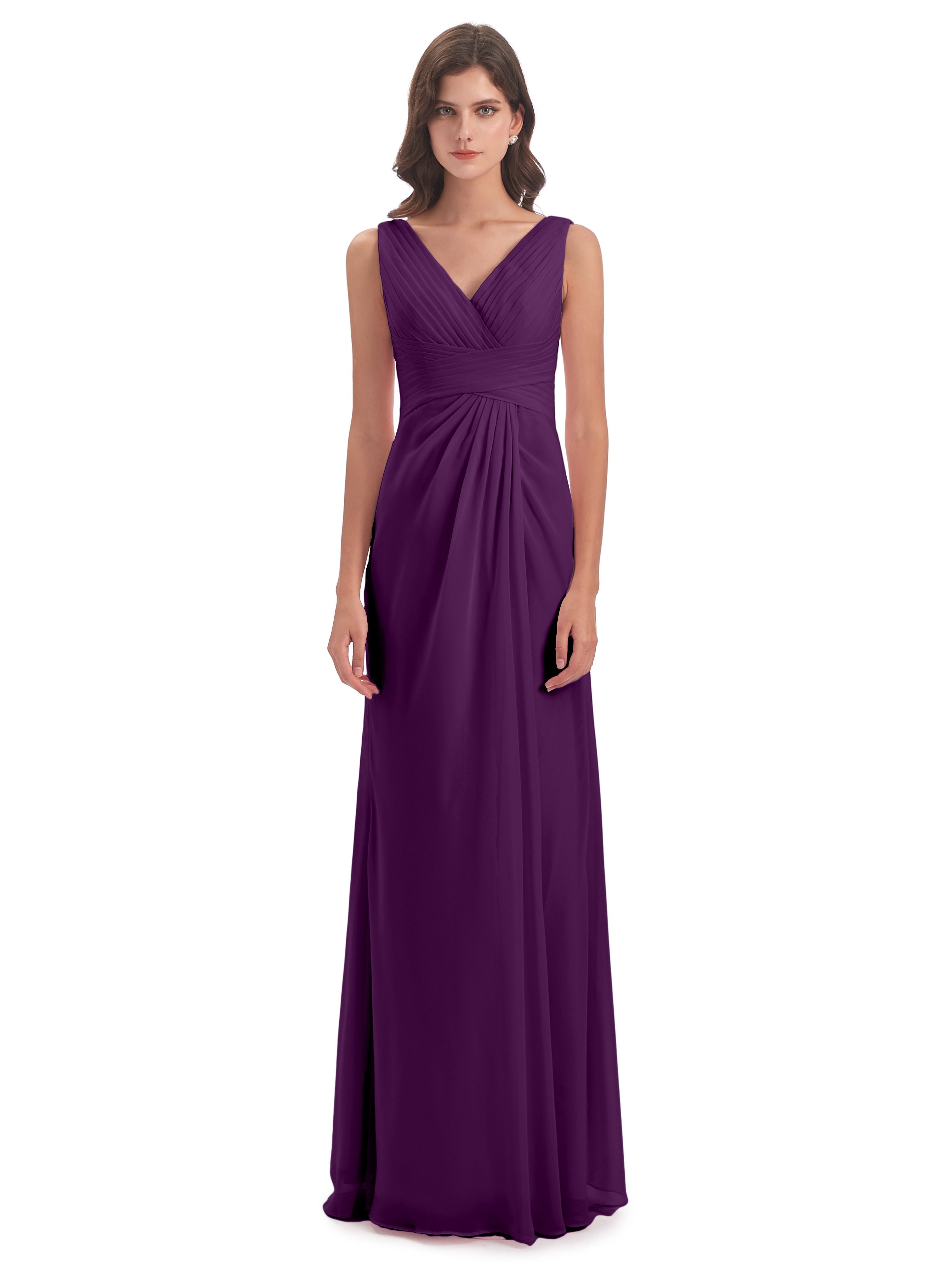 Robes De Demoiselle D'Honneur En Raisin Fendue Devant Mousseline Longue Robes Demoiselle D'Honneur