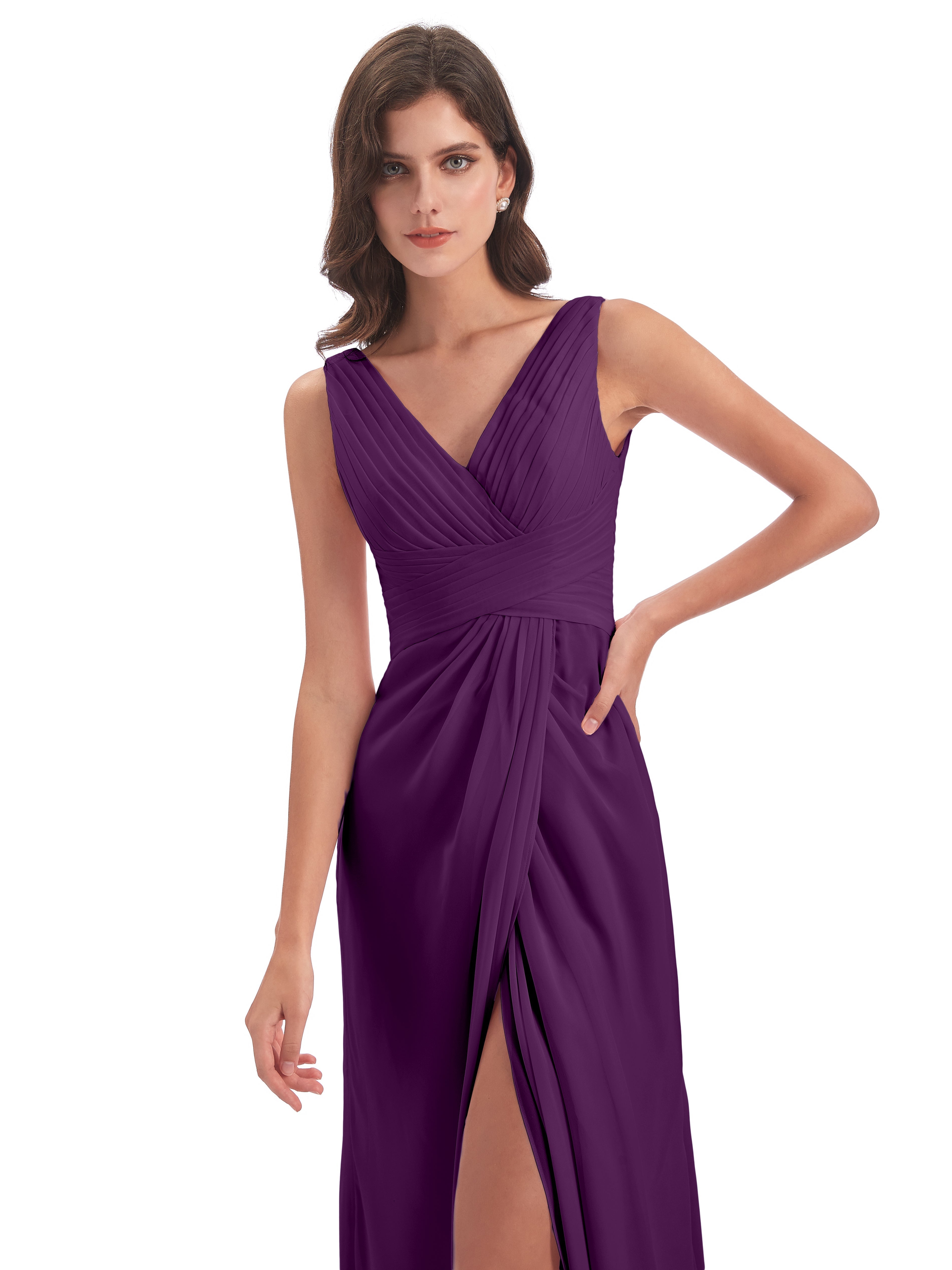 Robes De Demoiselle D'Honneur En Raisin Fendue Devant Mousseline Longue Robes Demoiselle D'Honneur