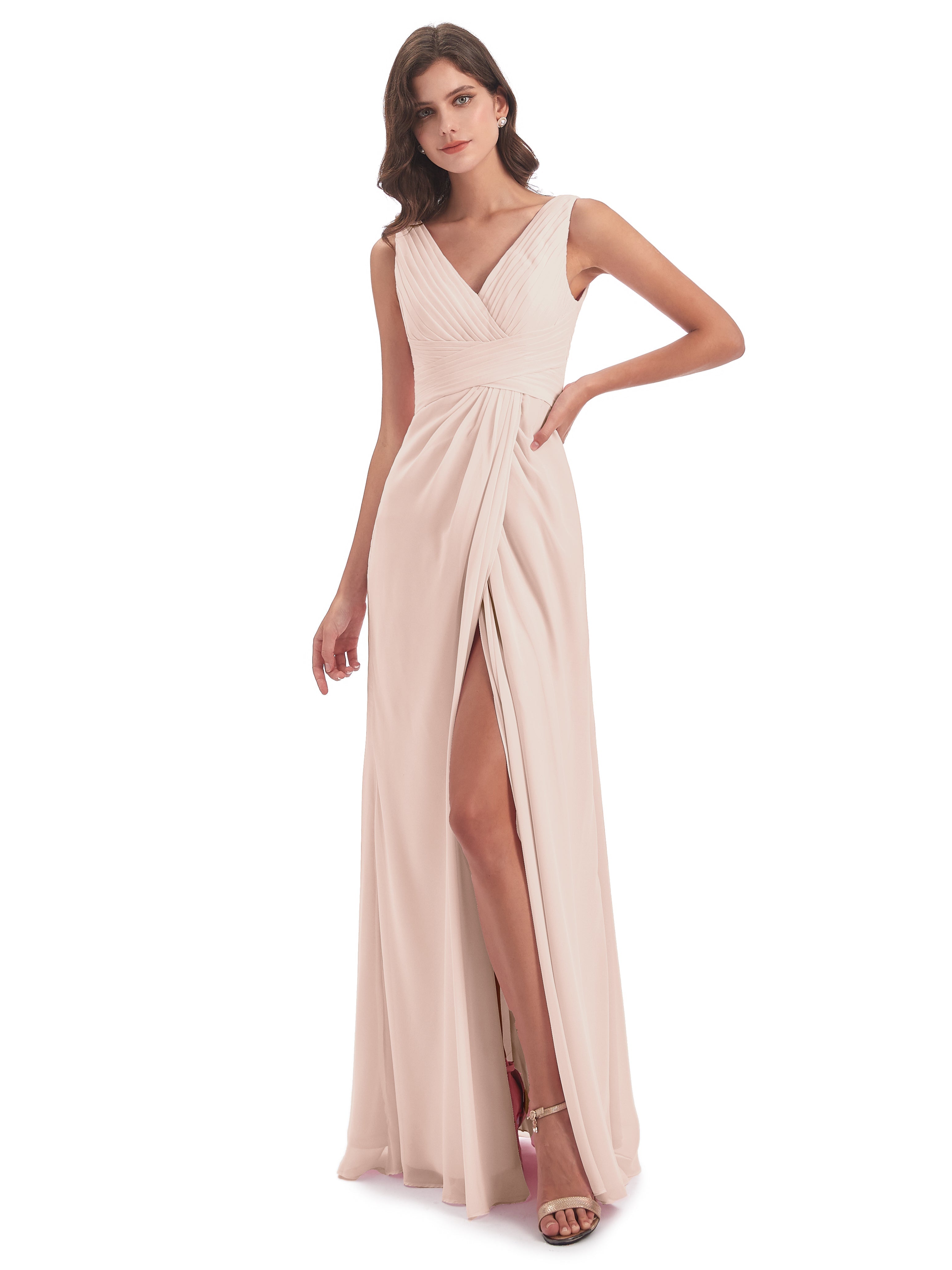 Robe Demoiselle D Honneur Rose Perle Fendue Devant Mousseline Longue Robes Demoiselle D'Honneur