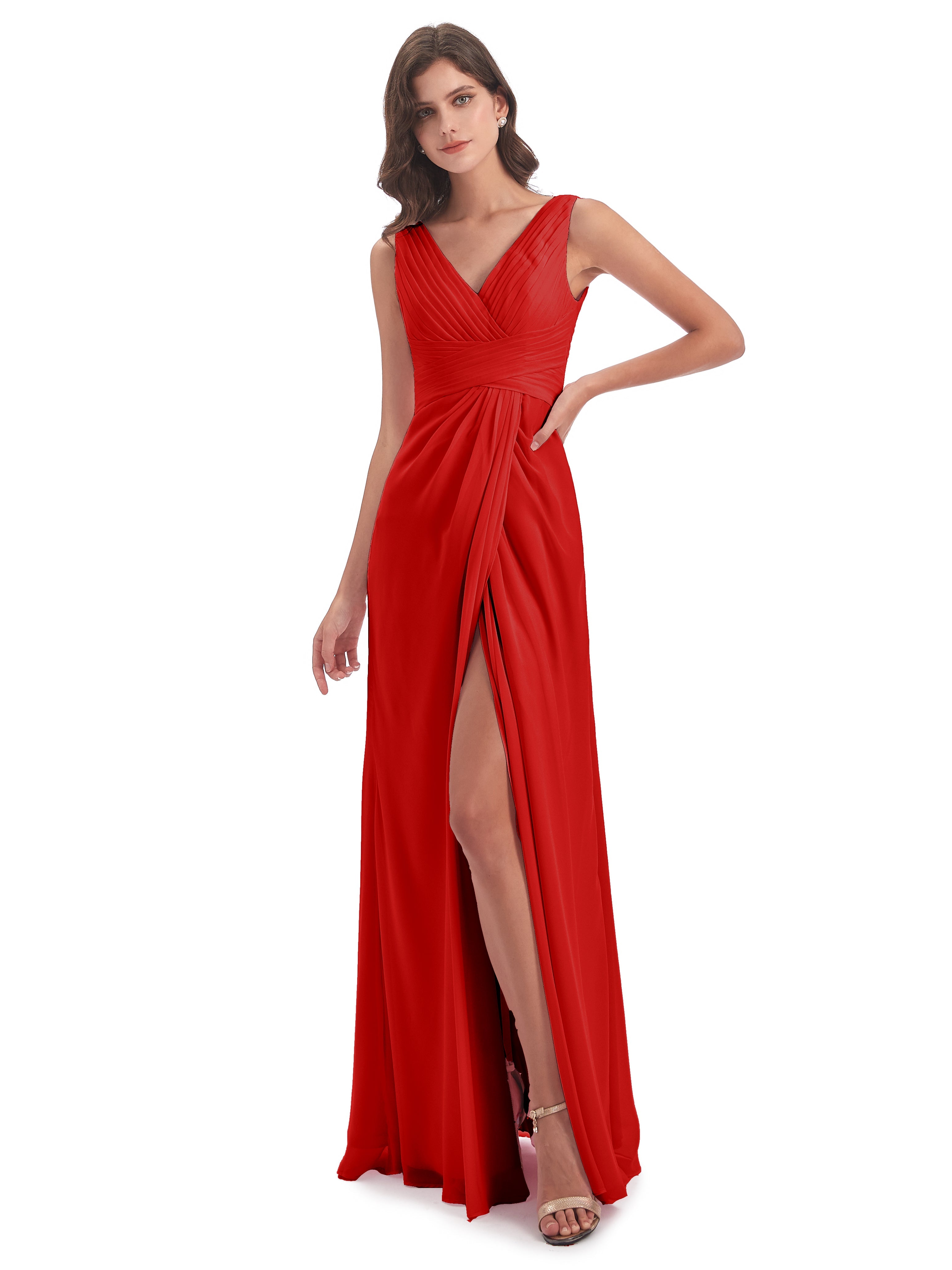 Robe De Demoiselle D'Honneur Rouge Fendue Devant Mousseline Longue Robes Demoiselle D'Honneur
