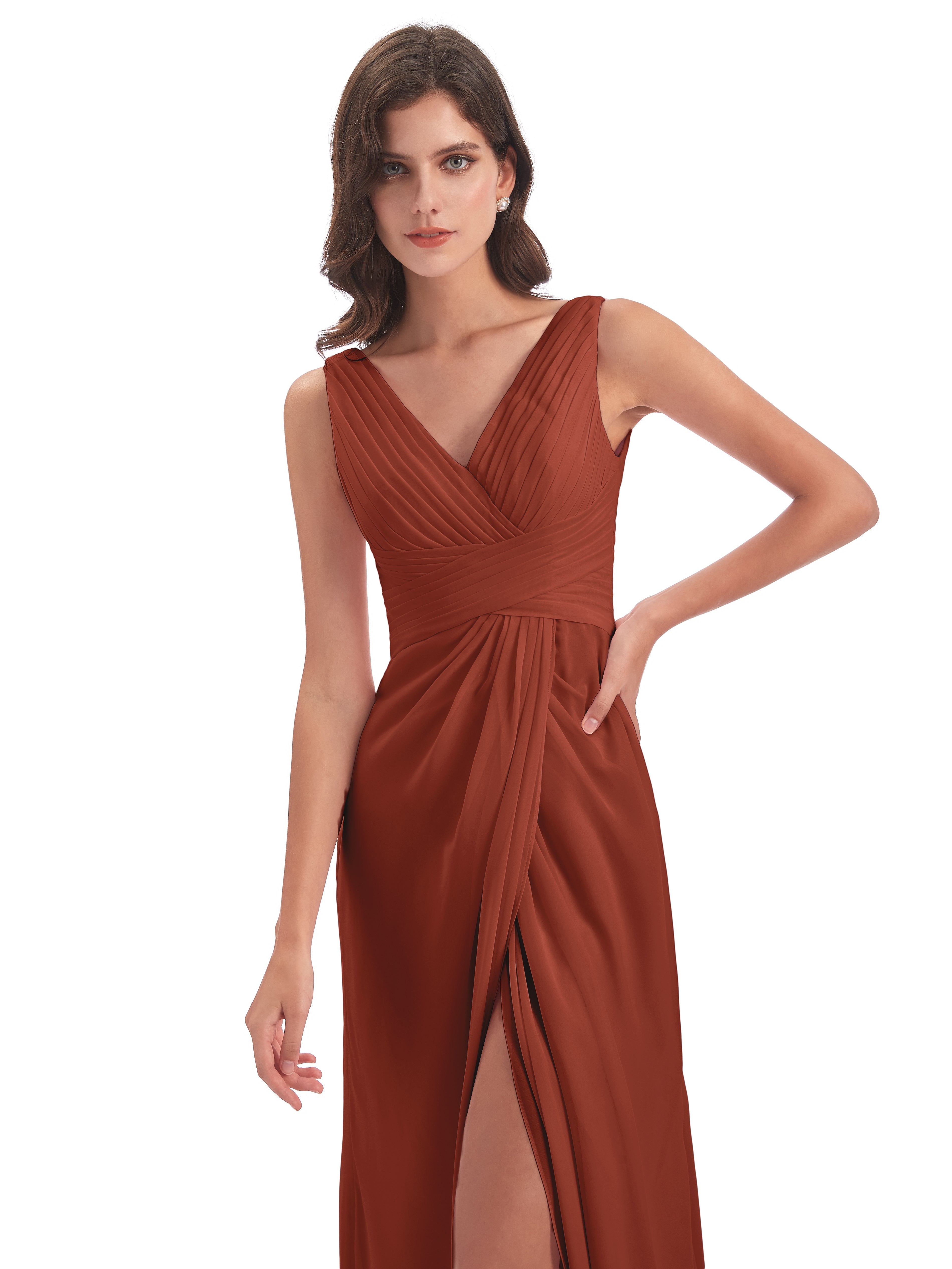 Longues Robes De Demoiselle D'Honneur De Rouille Fendue Devant Mousseline Longue Robes Demoiselle D'Honneur