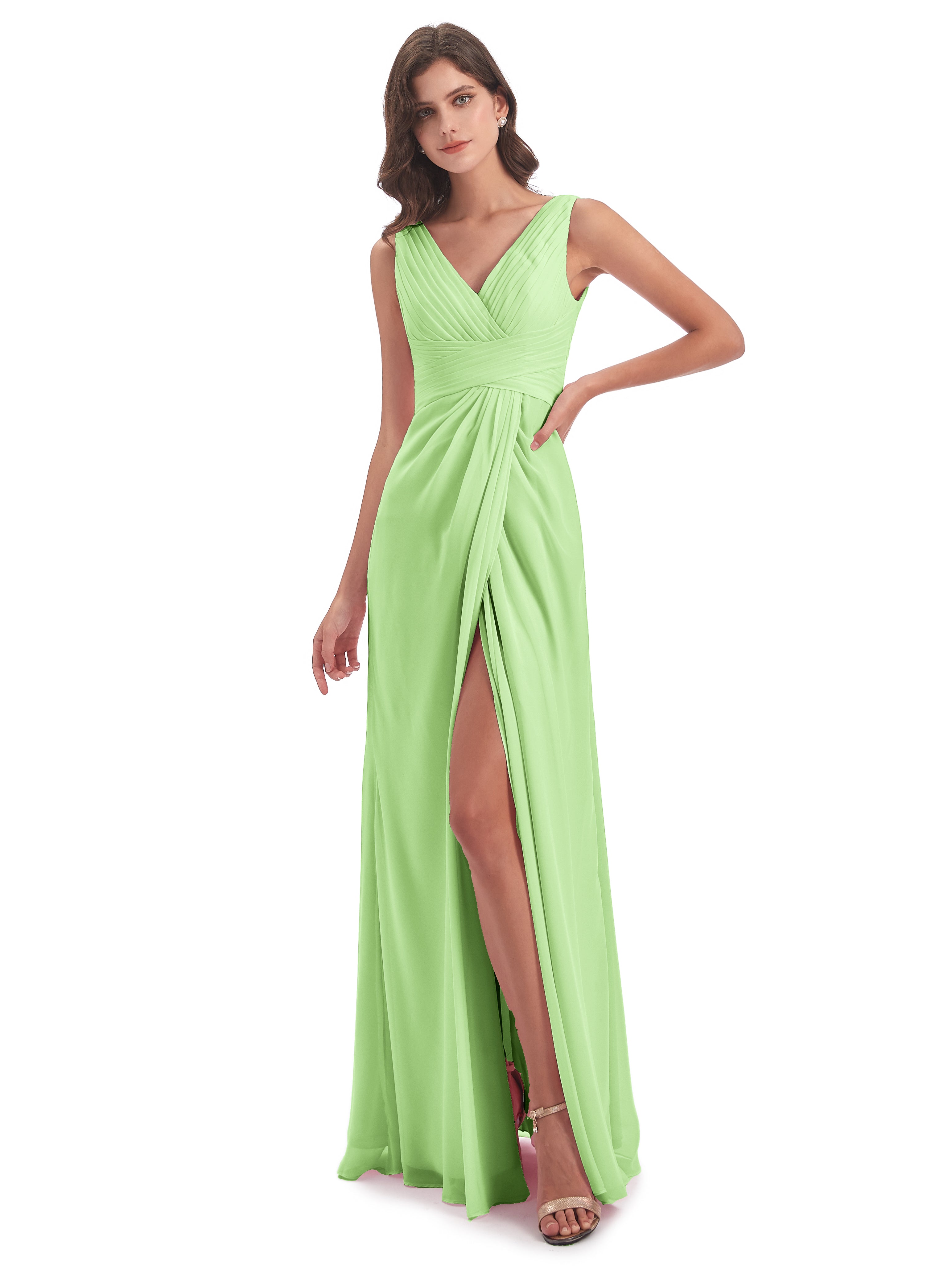 Robe Vert Sauge Demoiselle D Honneur Fendue Devant Mousseline Longue Robes Demoiselle D'Honneur