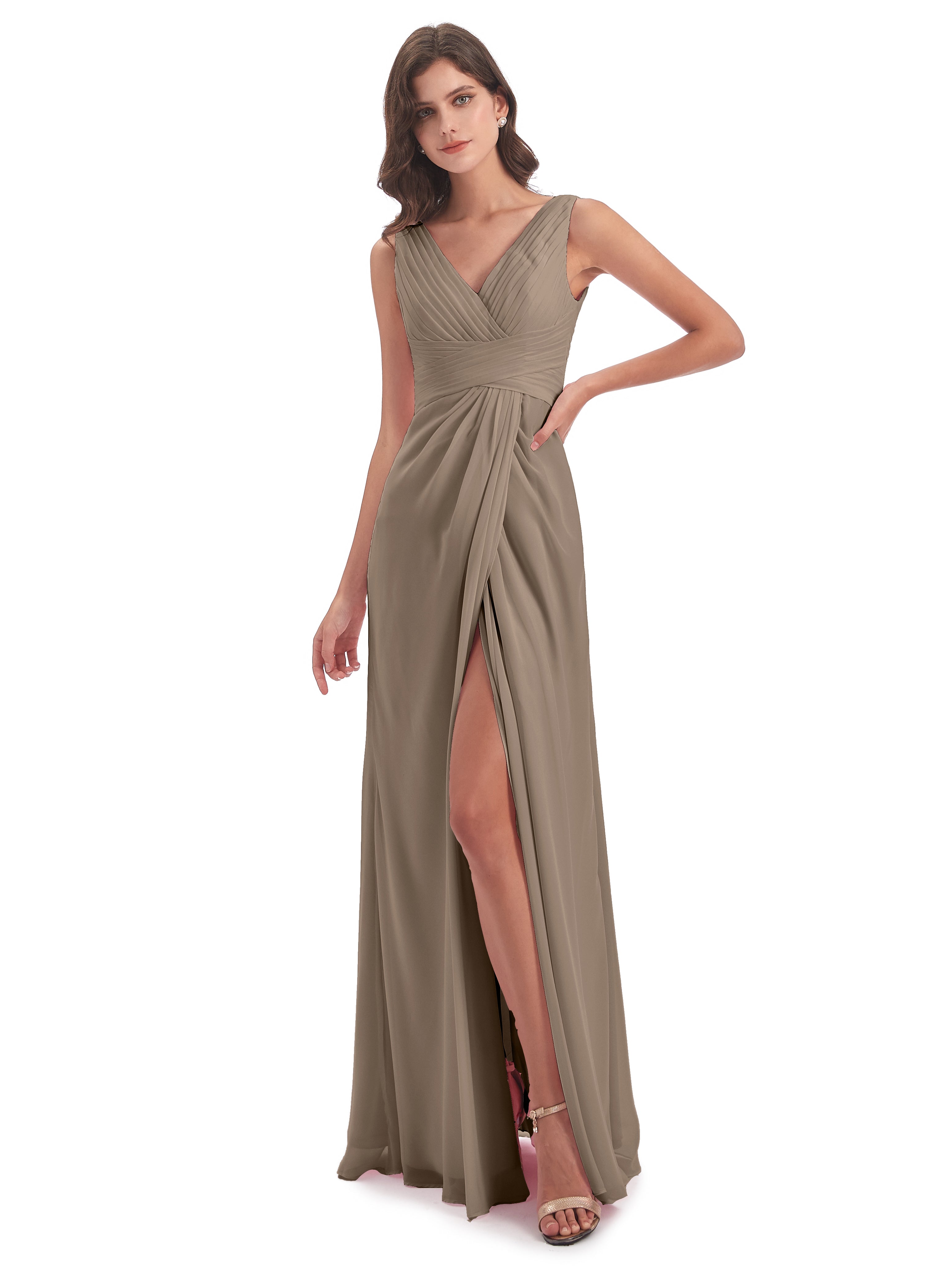 Robe Demoiselle D Honneur Taupe Fendue Devant Mousseline Longue Robes Demoiselle D'Honneur
