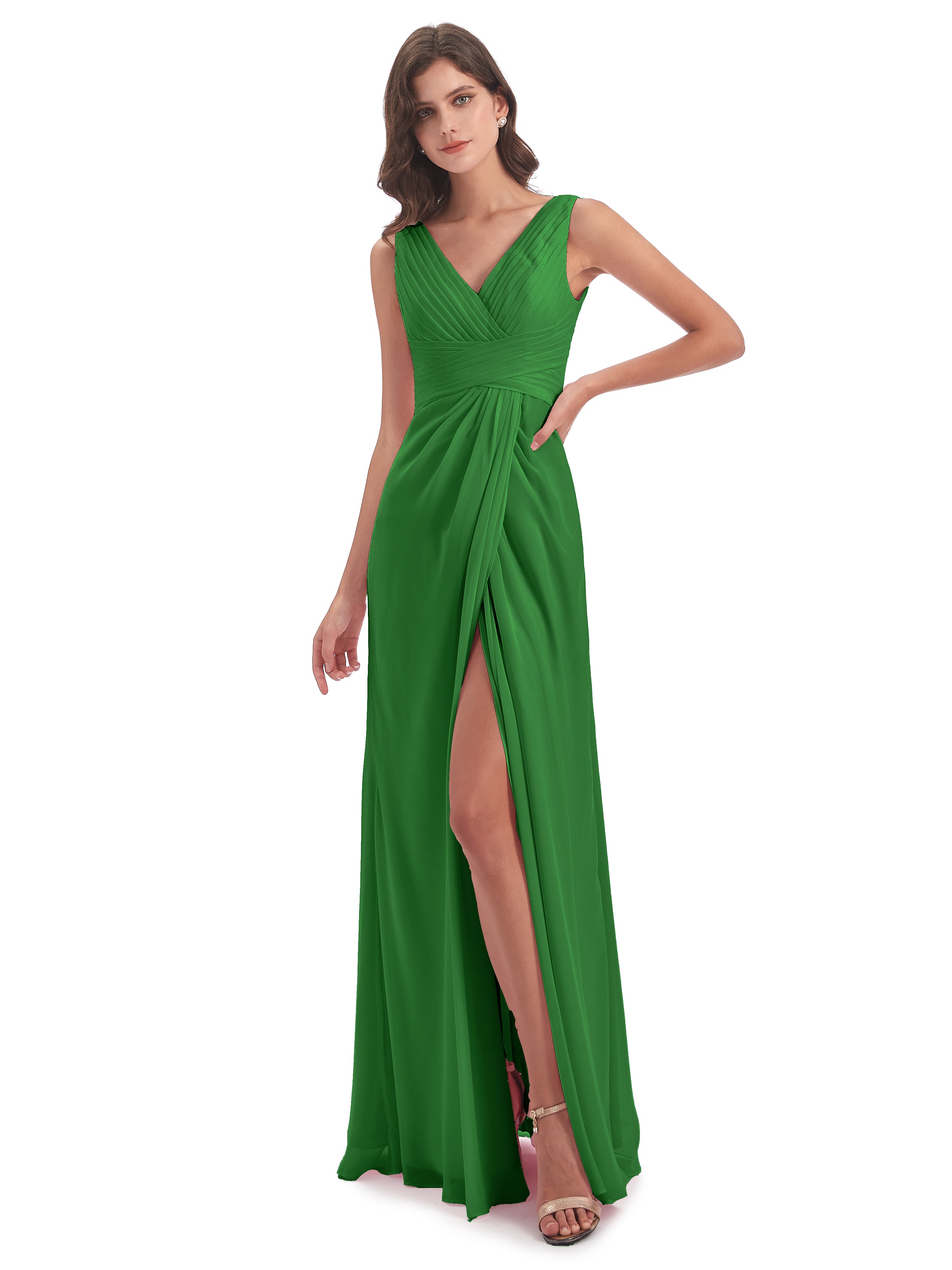 Robe De Demoiselle D'Honneur Verte Fendue Devant Mousseline Longue Robes Demoiselle D'Honneur