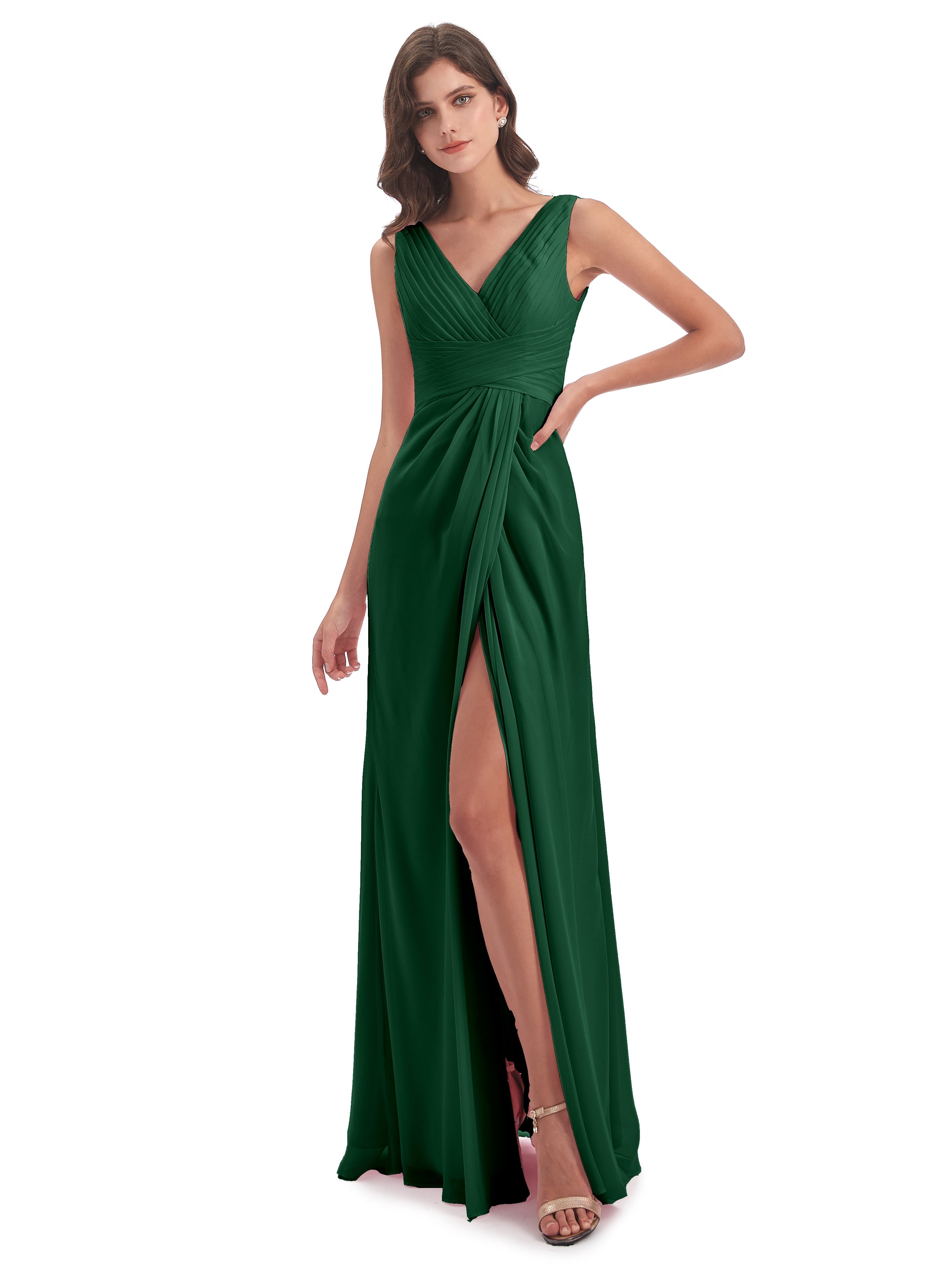 Robe Demoiselle D Honneur Vert Foncé Fendue Devant Mousseline Longue Robes Demoiselle D'Honneur