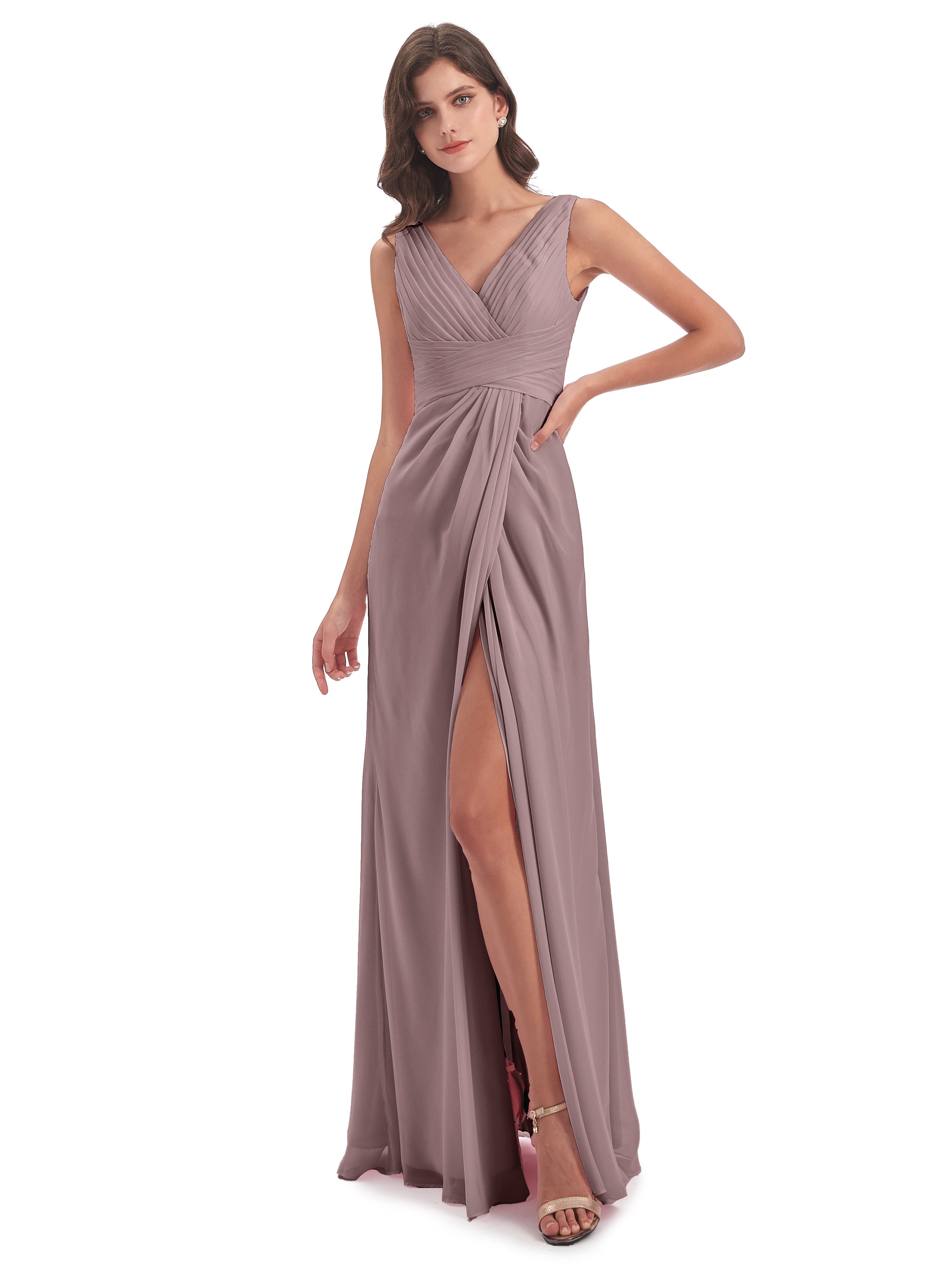 Robes De Demoiselle D'Honneur Mauve Foncé Fendue Devant Mousseline Longue Robes Demoiselle D'Honneur