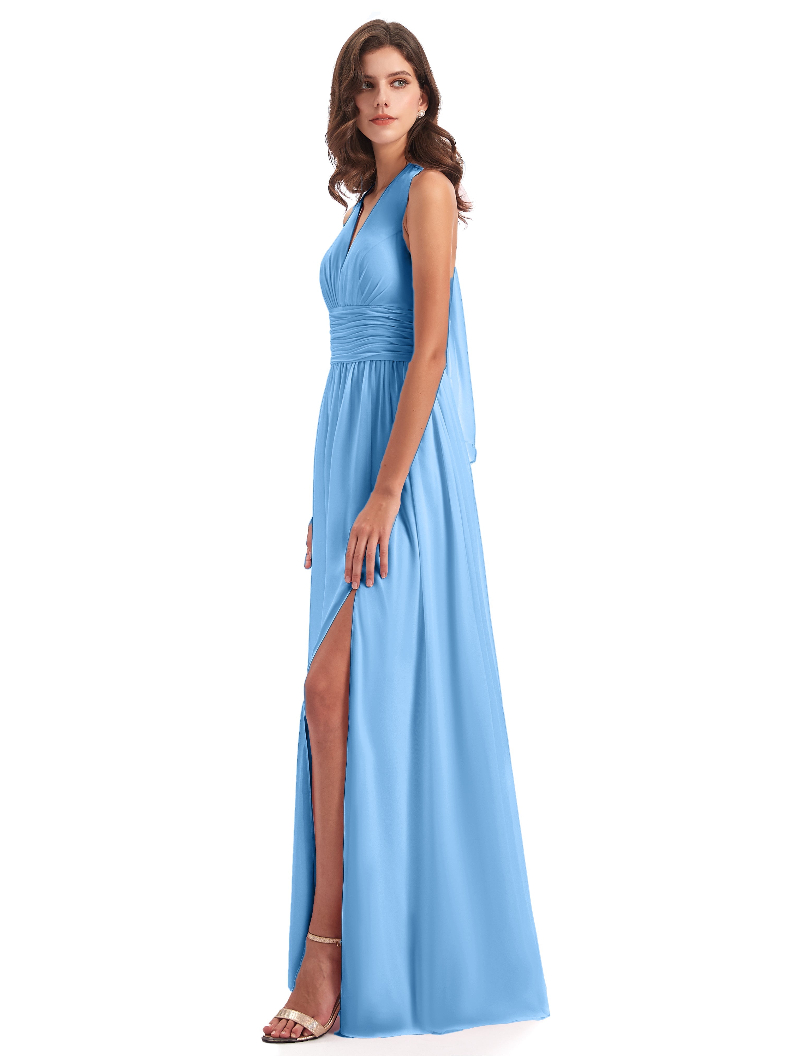 Robes De Demoiselle D'Honneur Bleues Nœud Papillon Fendue Devant Robes Demoiselle D'Honneur