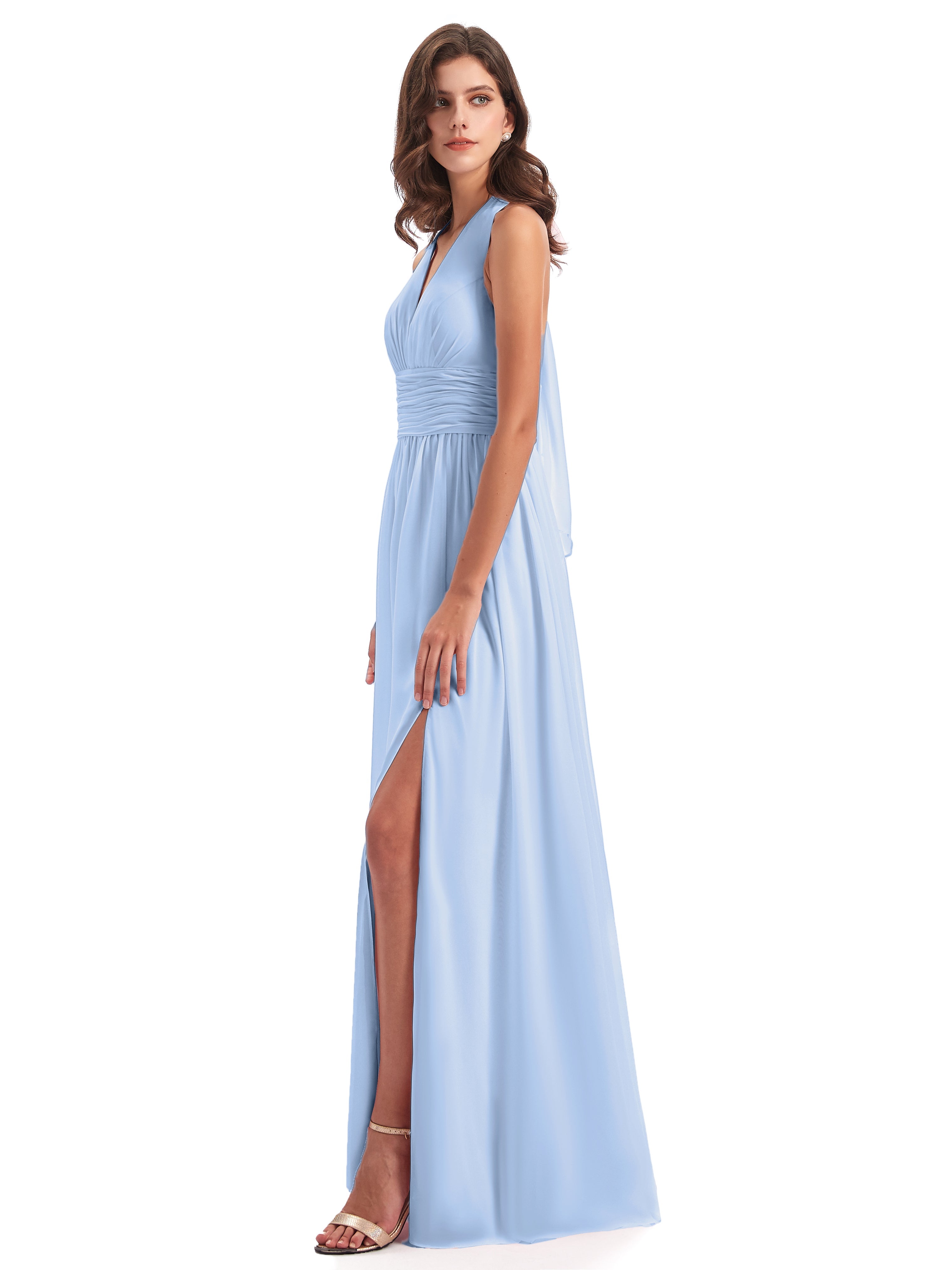 Demoiselle D Honneur Bleu Ciel Nœud Papillon Fendue Devant Robes Demoiselle D'Honneur