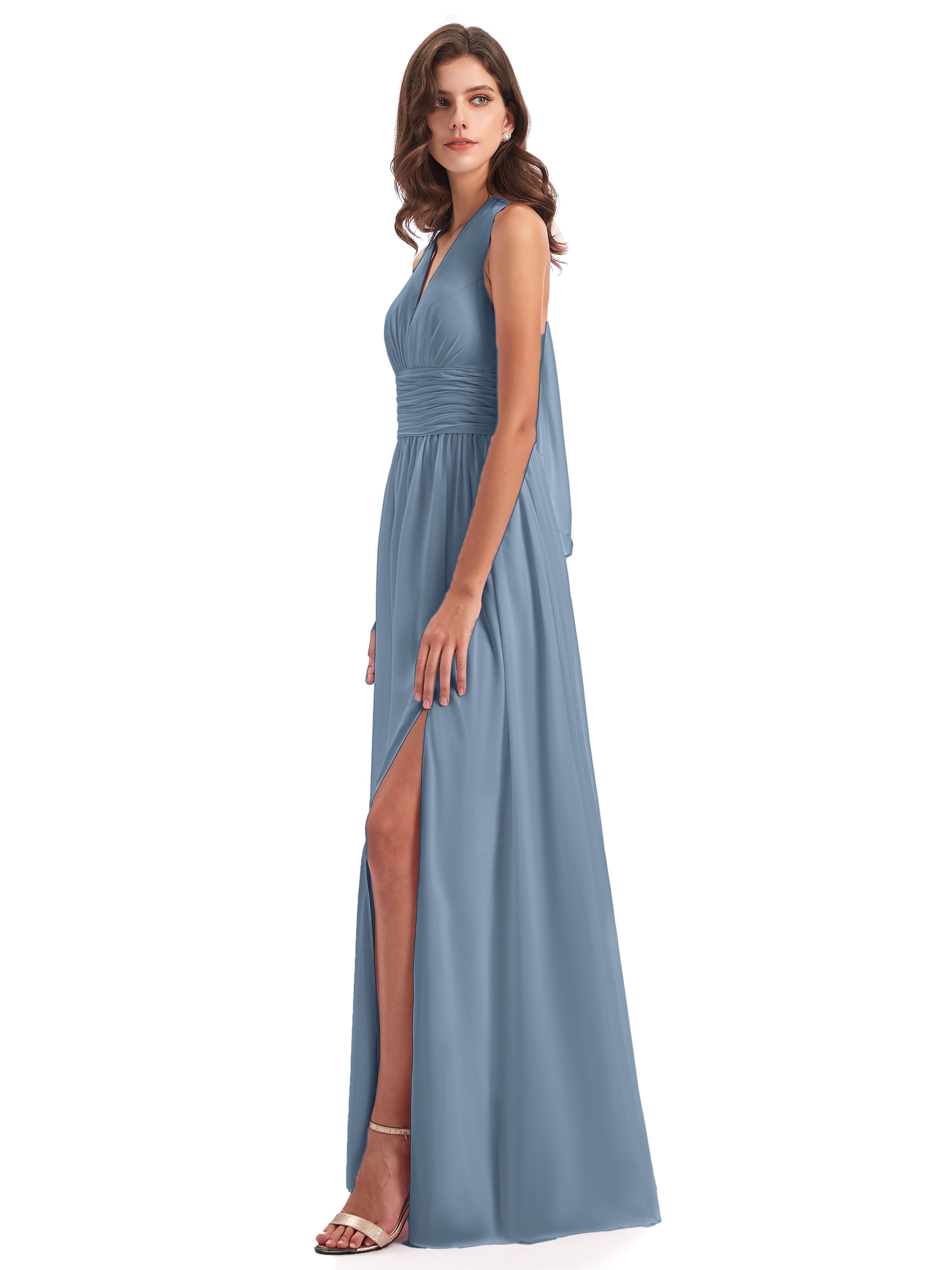 Robes De Demoiselle D'Honneur Bleu De Schiste Nœud Papillon Fendue Devant Robes Demoiselle D'Honneur