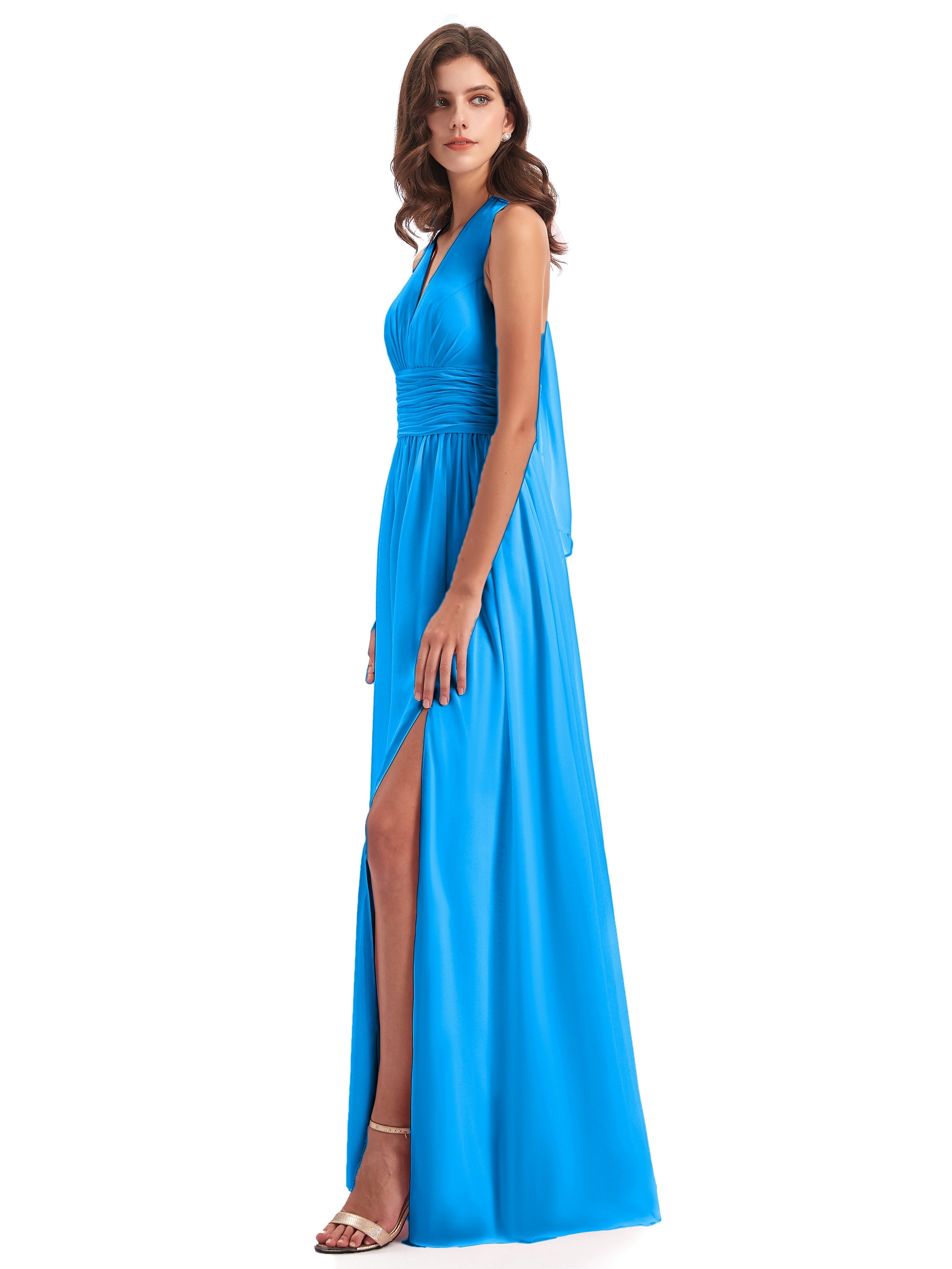 Robes De Demoiselle D'Honneur Bleu Océan Nœud Papillon Fendue Devant Robes Demoiselle D'Honneur