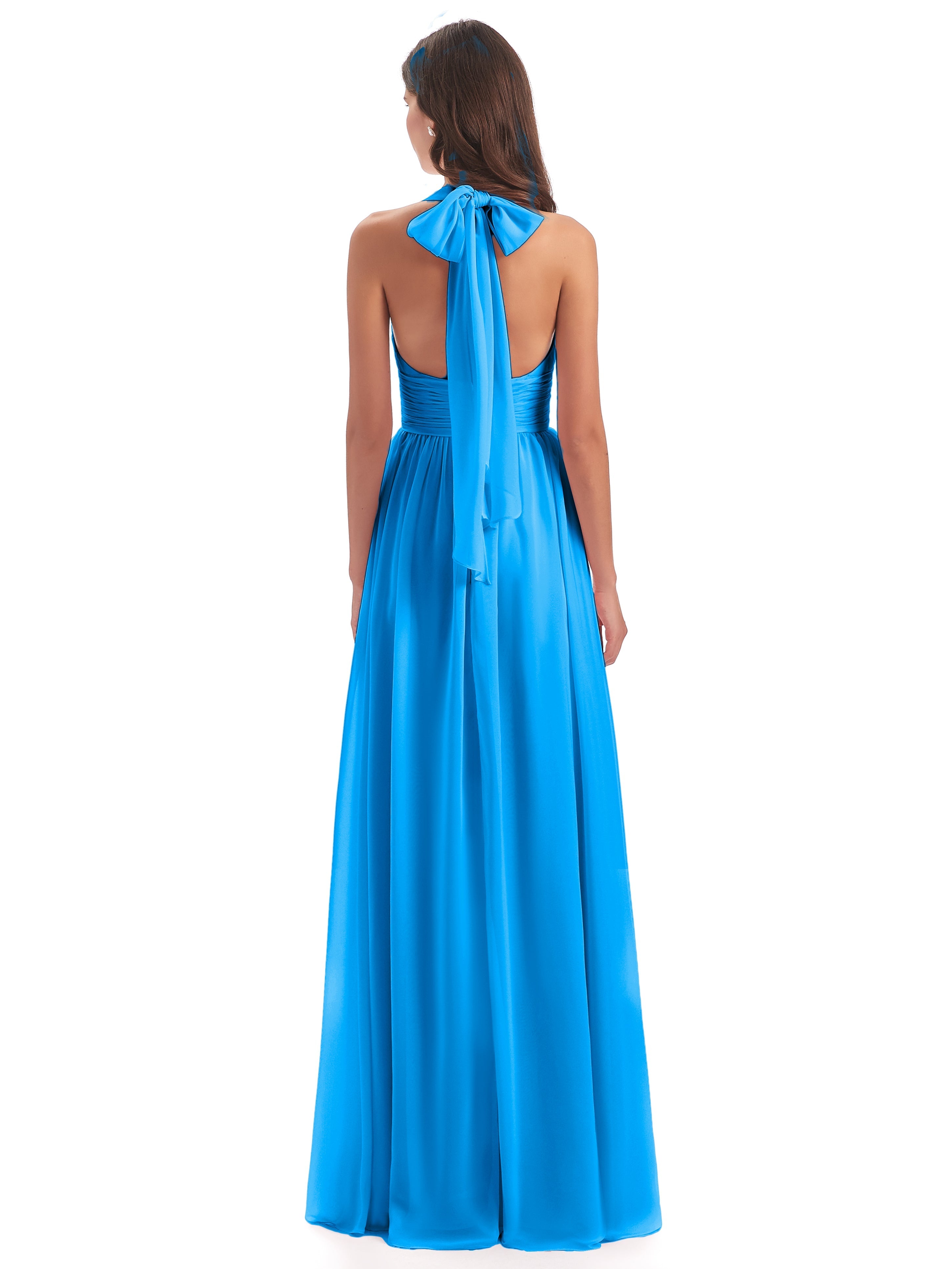 Robes De Demoiselle D'Honneur Bleu Océan Nœud Papillon Fendue Devant Robes Demoiselle D'Honneur