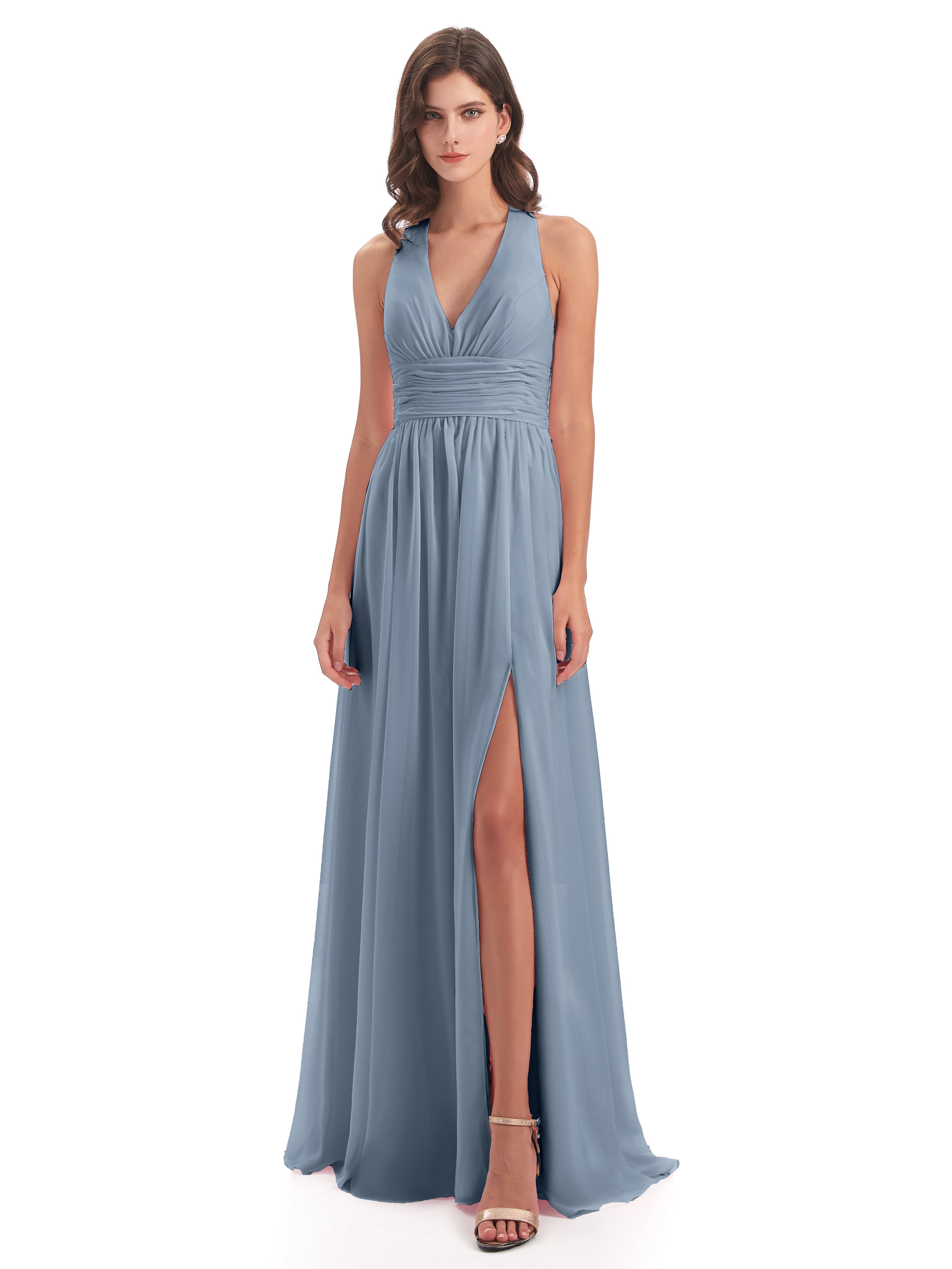 Robes De Demoiselle D'Honneur Bleu Gris Nœud Papillon Fendue Devant Robes Demoiselle D'Honneur