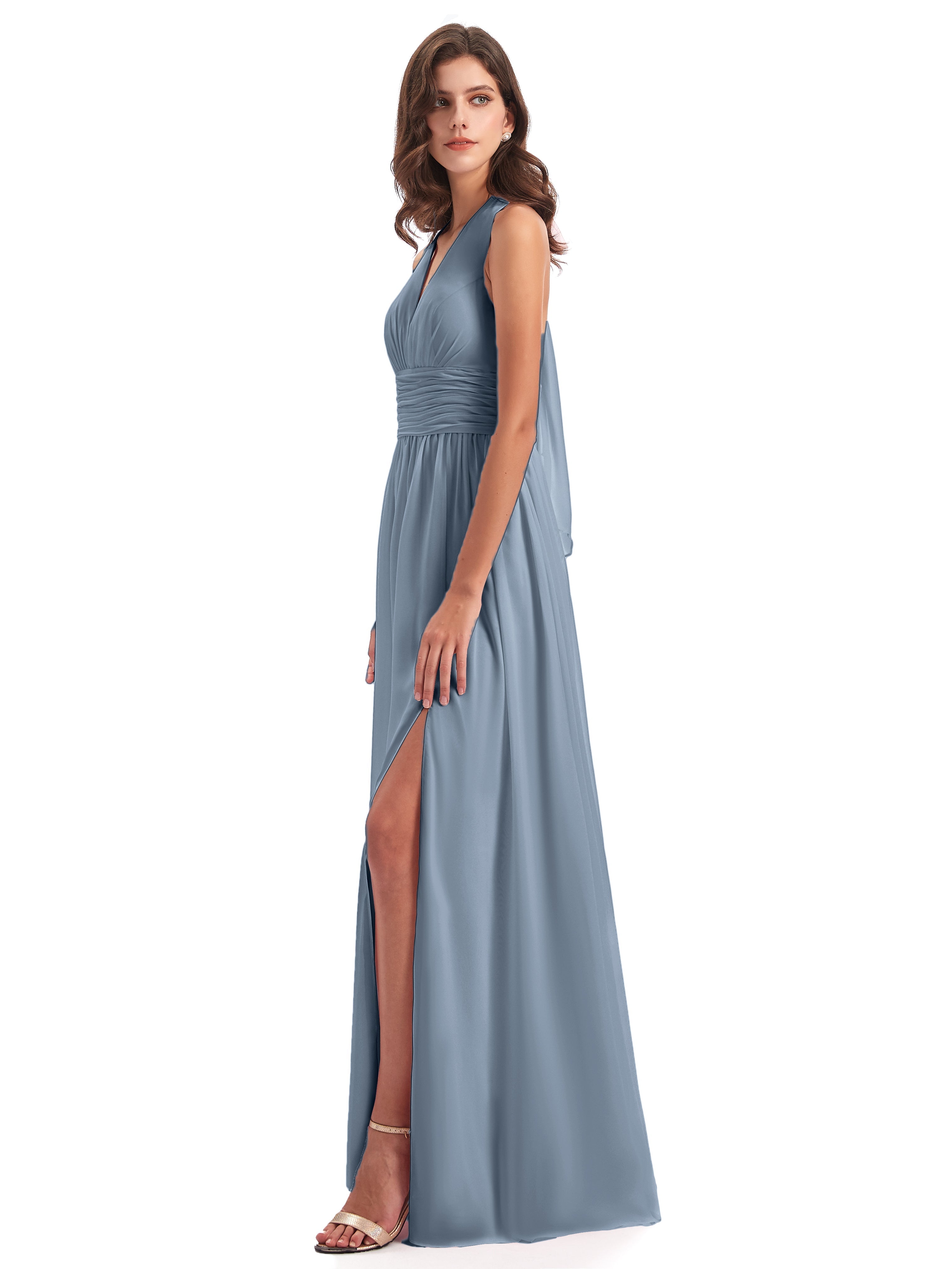 Robes De Demoiselle D'Honneur Bleu Gris Nœud Papillon Fendue Devant Robes Demoiselle D'Honneur