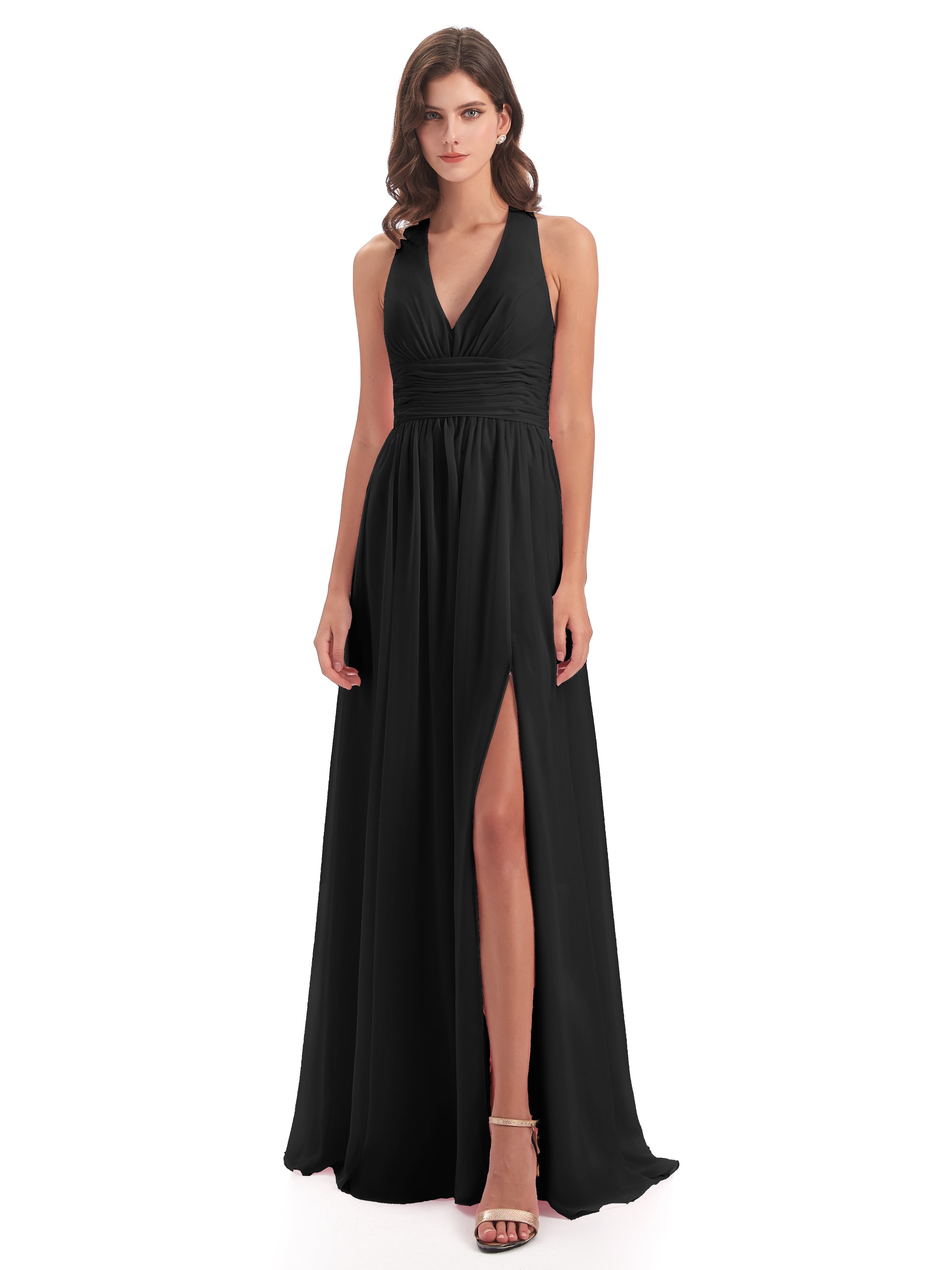 Robe Noir Demoiselle D Honneur Nœud Papillon Fendue Devant Robes Demoiselle D'Honneur