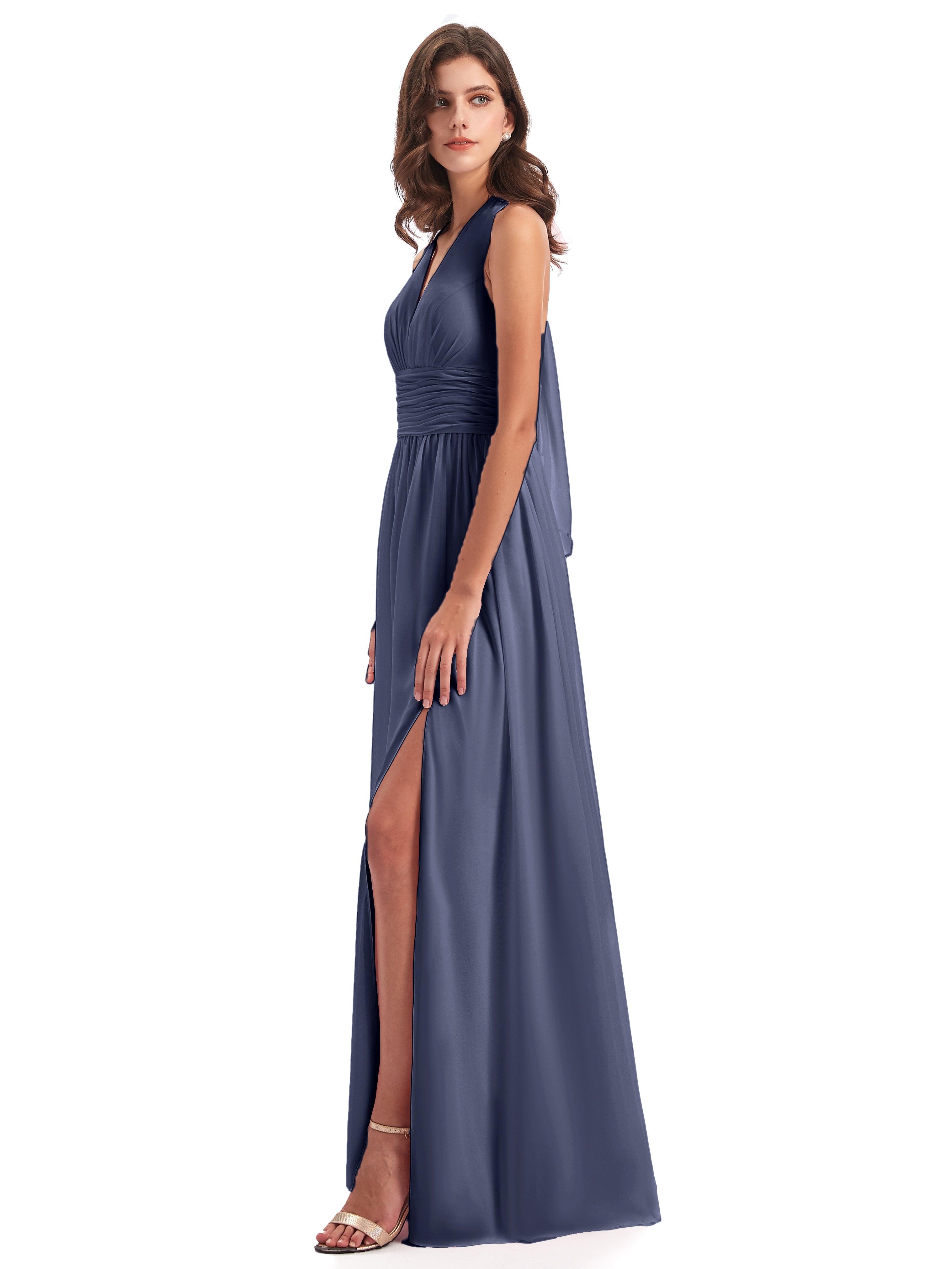 Robes De Demoiselle D'Honneur Bleu Orageux Nœud Papillon Fendue Devant Robes Demoiselle D'Honneur