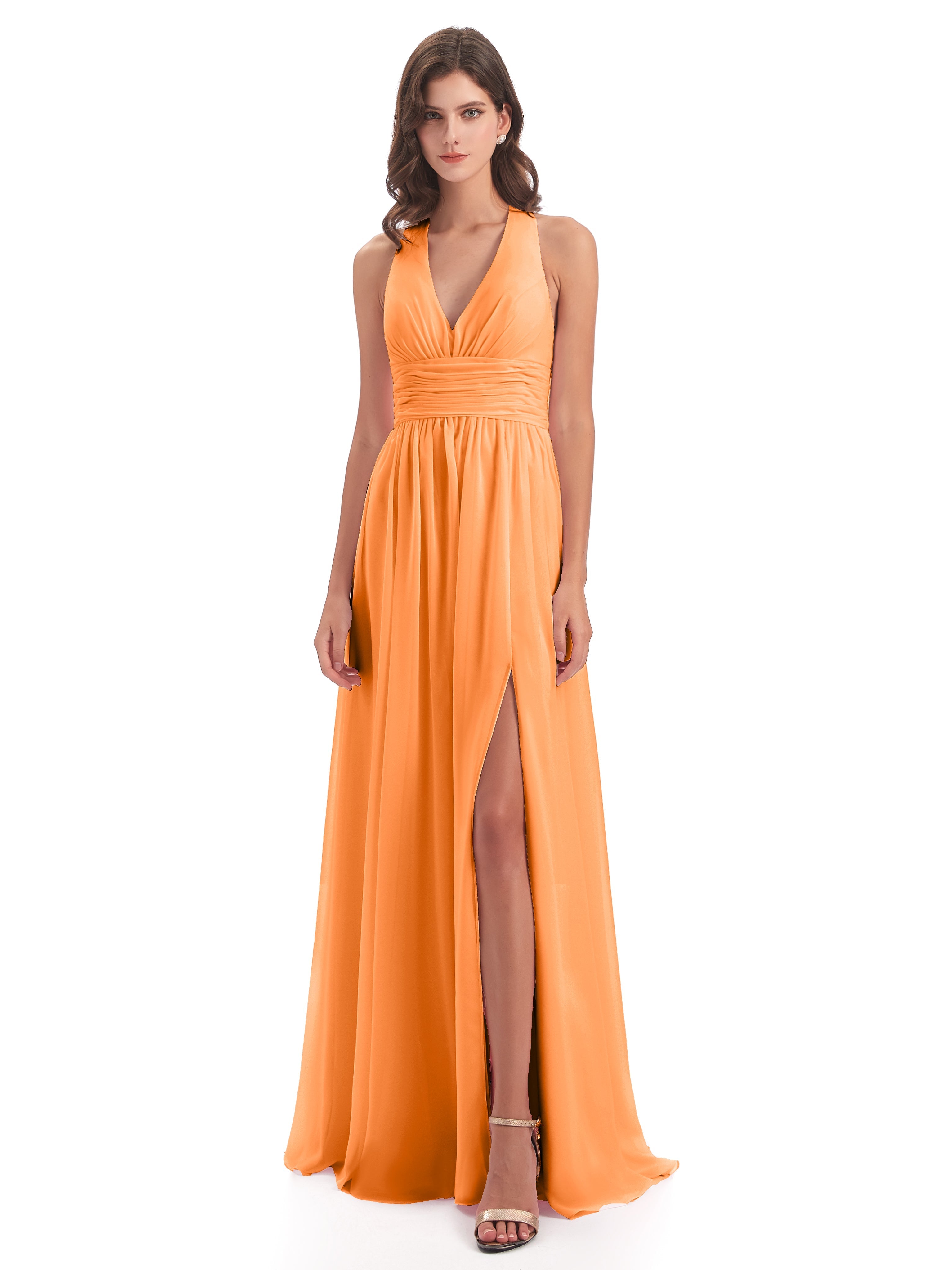 Robe Mousseline Orange Nœud Papillon Fendue Devant Robes Demoiselle D'Honneur