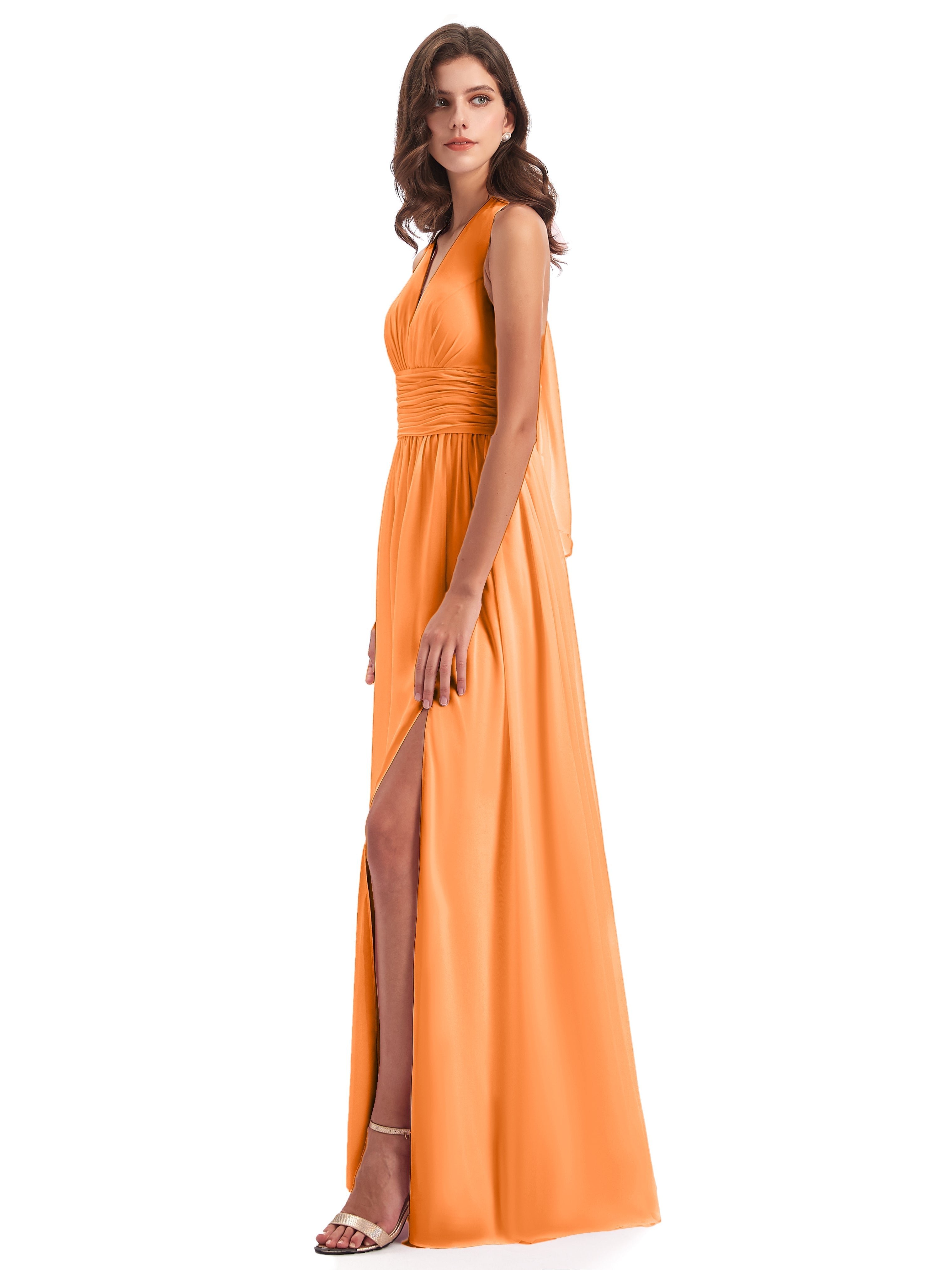 Robe Mousseline Orange Nœud Papillon Fendue Devant Robes Demoiselle D'Honneur