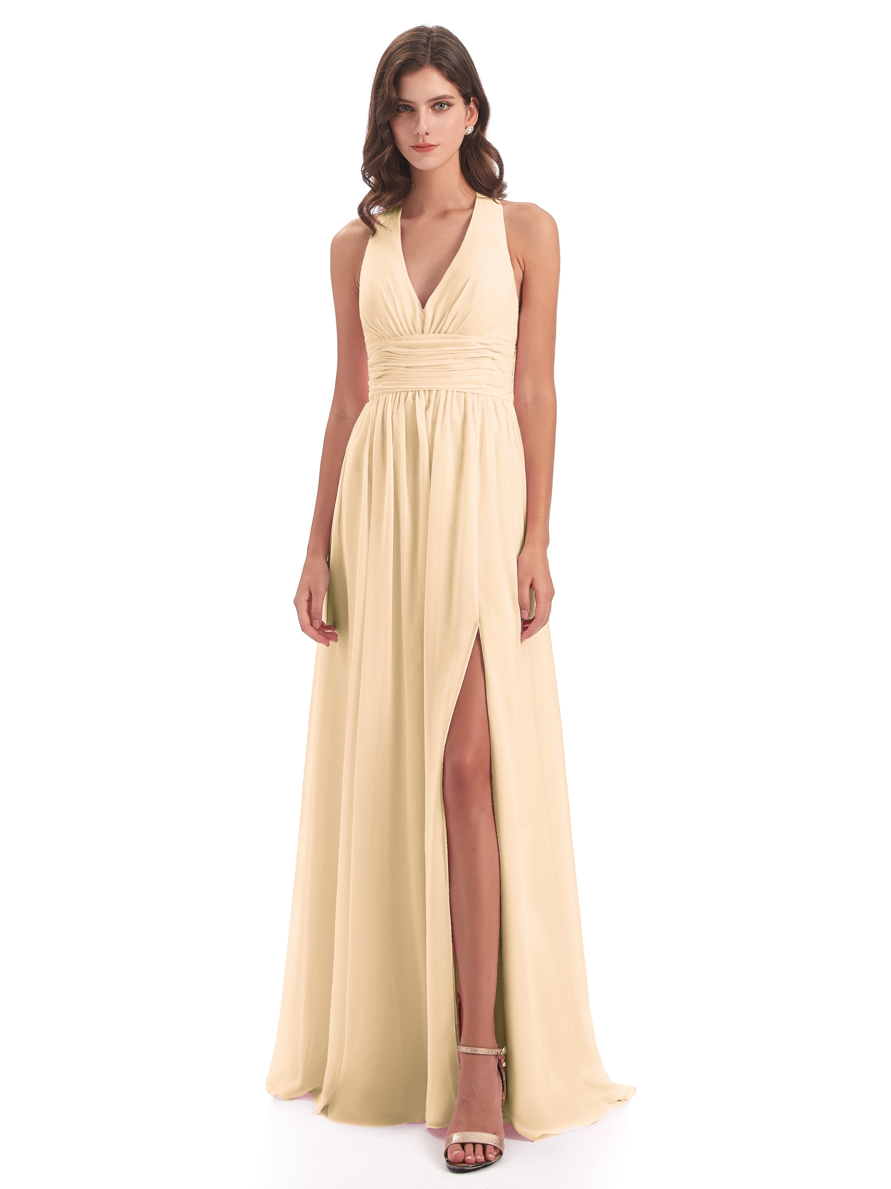 Robe Demoiselle D Honneur Rose Peche Nœud Papillon Fendue Devant Robes Demoiselle D'Honneur