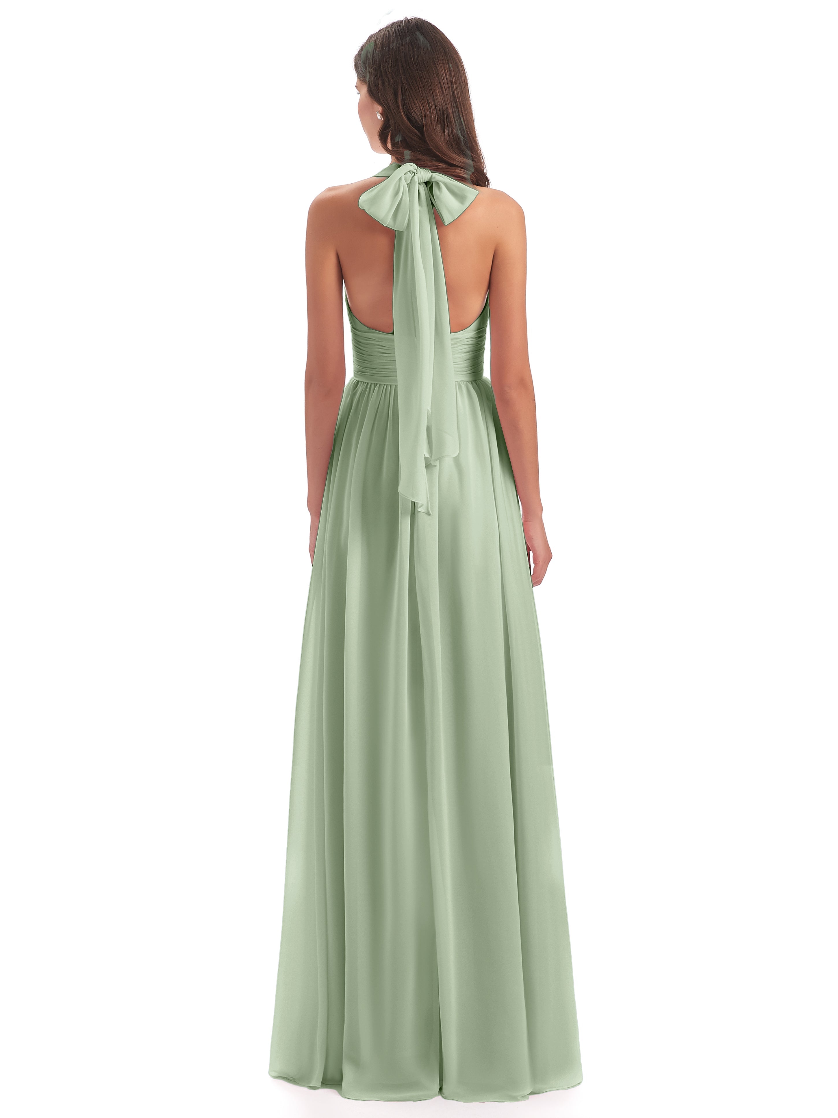 Robe De Demoiselle D'Honneur De Sauge Poussiéreuse Au Sol Nœud Papillon Fendue Devant Robes Demoiselle D'Honneur