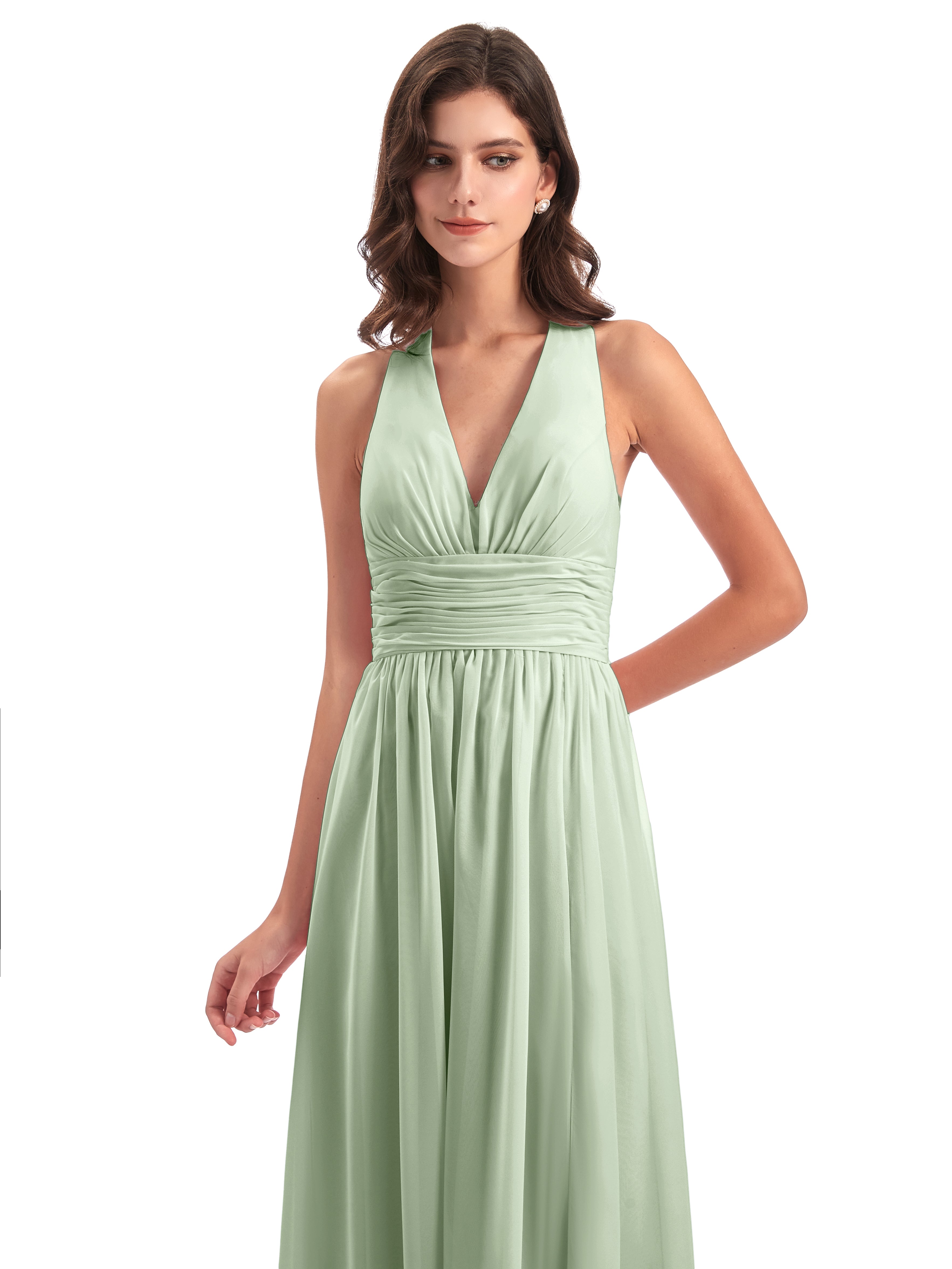 Robe De Demoiselle D'Honneur De Sauge Poussiéreuse Au Sol Nœud Papillon Fendue Devant Robes Demoiselle D'Honneur
