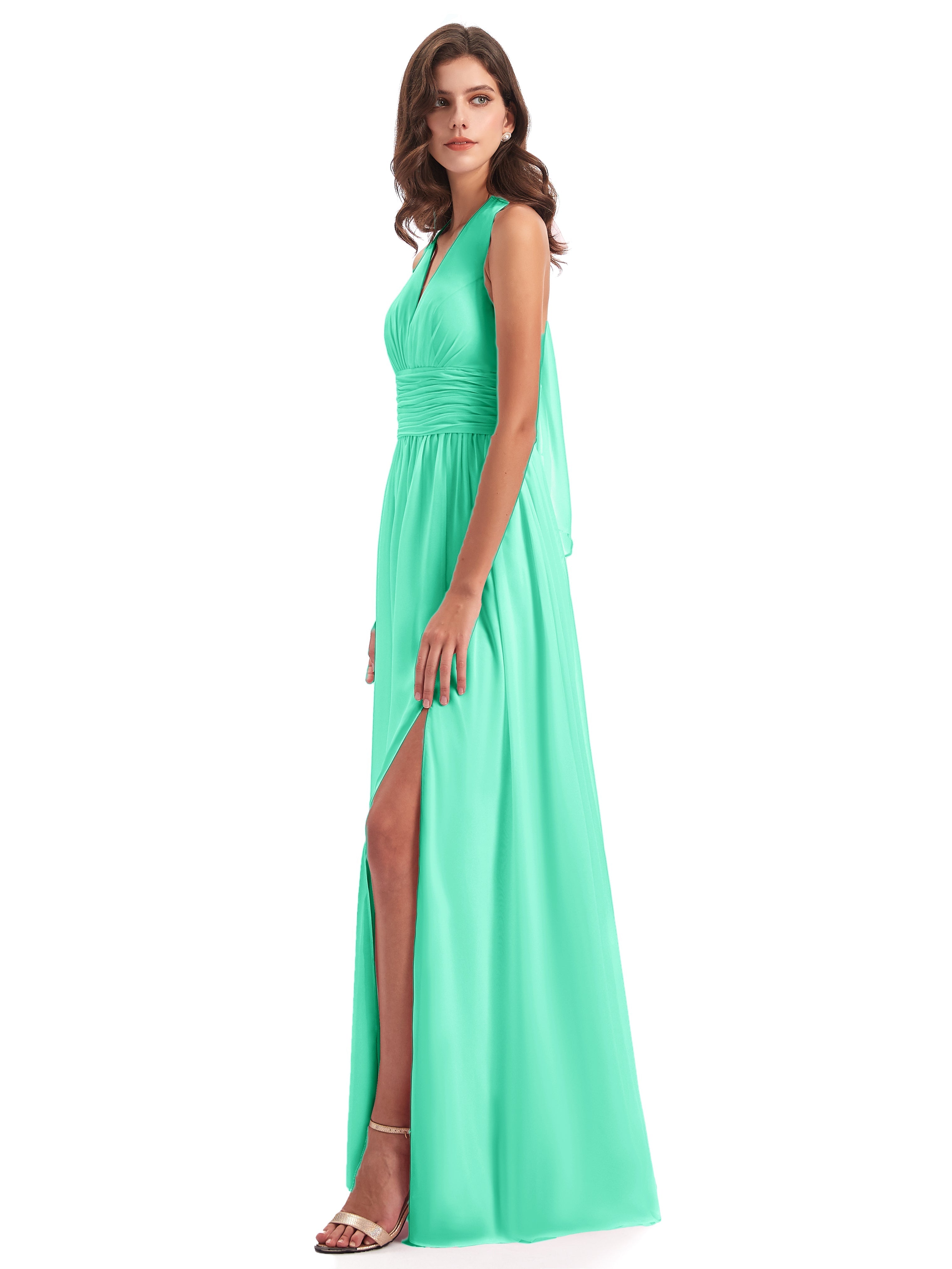 Robe De Demoiselle D Honneur Turquoise Nœud Papillon Fendue Devant Robes Demoiselle D'Honneur
