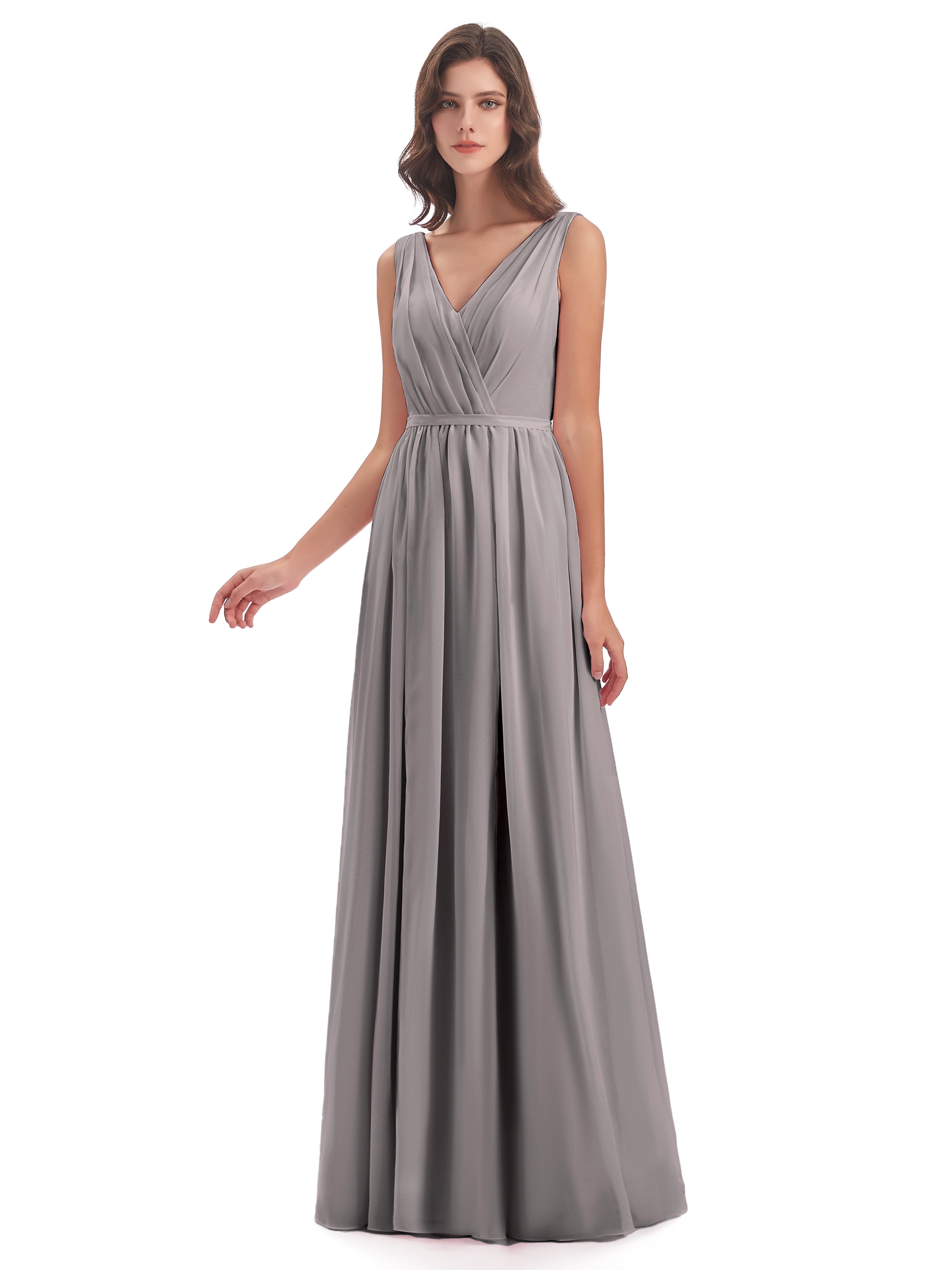 Robe Demoiselle D Honneur Argentée Fourreau/Colonne Col V Mousseline Robes Demoiselle D'Honneur