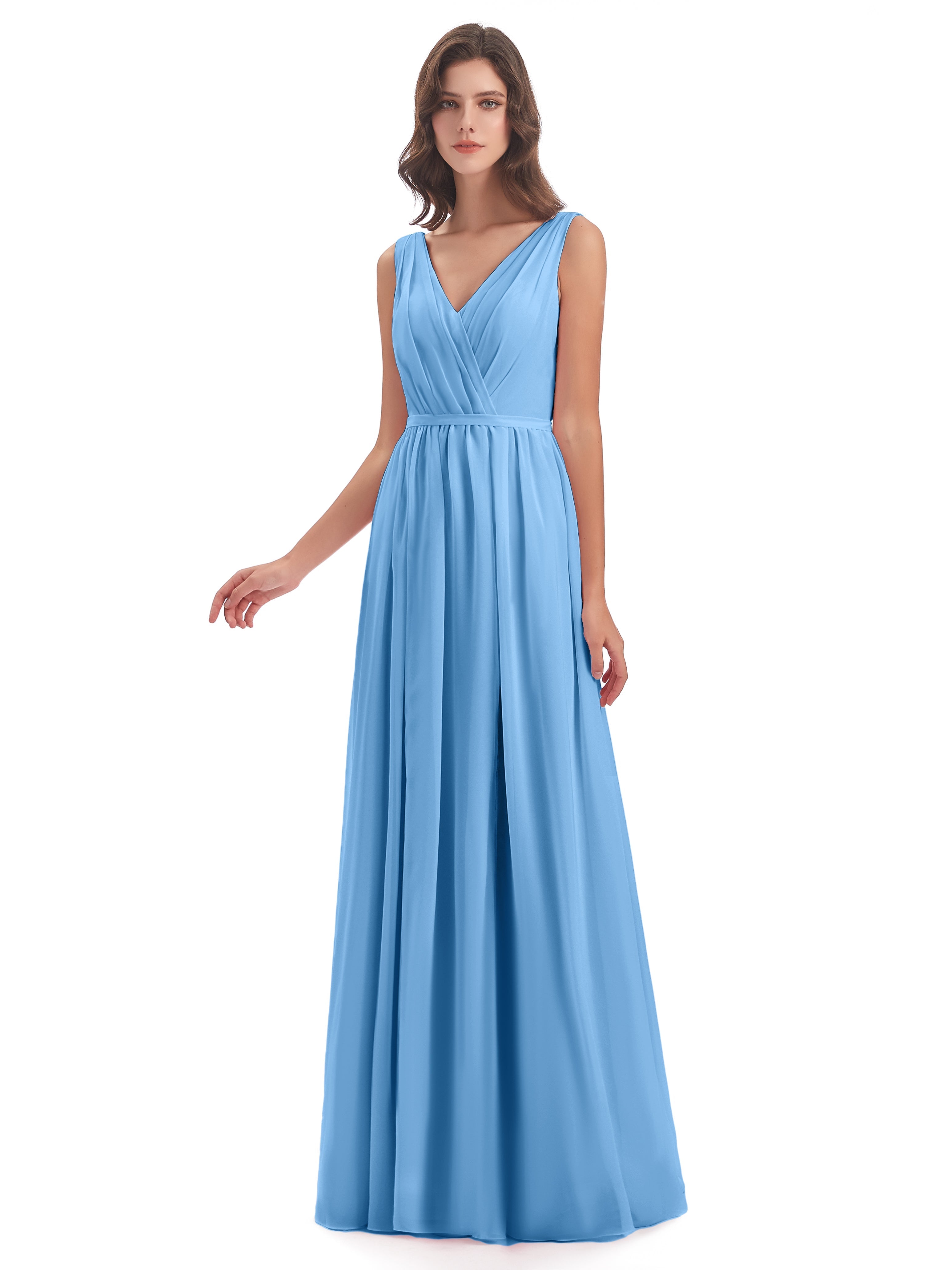 Robe Longue Demoiselle D Honneur Bleu Fourreau/Colonne Col V Mousseline Robes Demoiselle D'Honneur